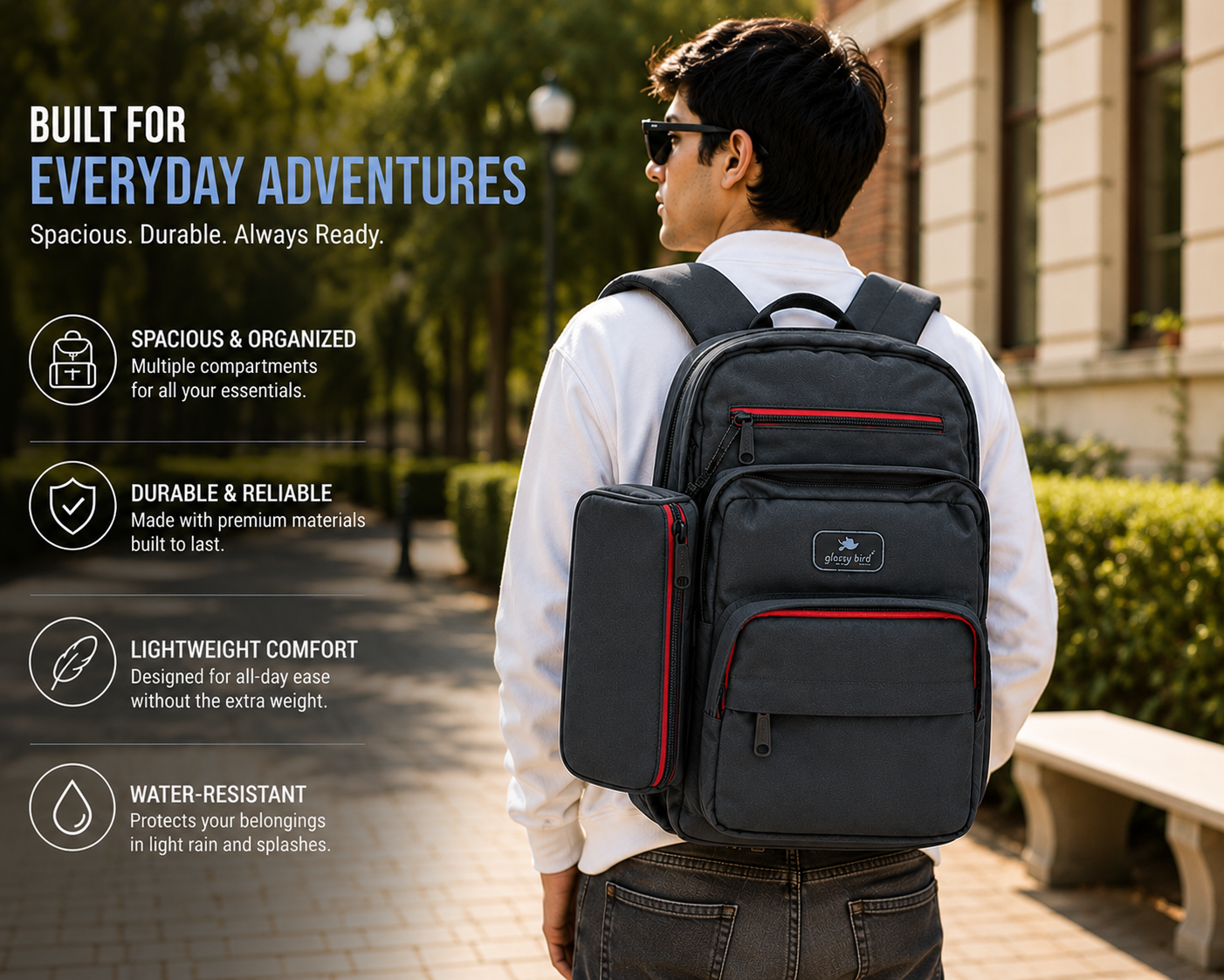Echo Boomers Glossy Bird Everyday Backpack with Pencil Pouch| Lightweight Water-Resistant Travel, School, College & Office Backpack with Multiple Compartments