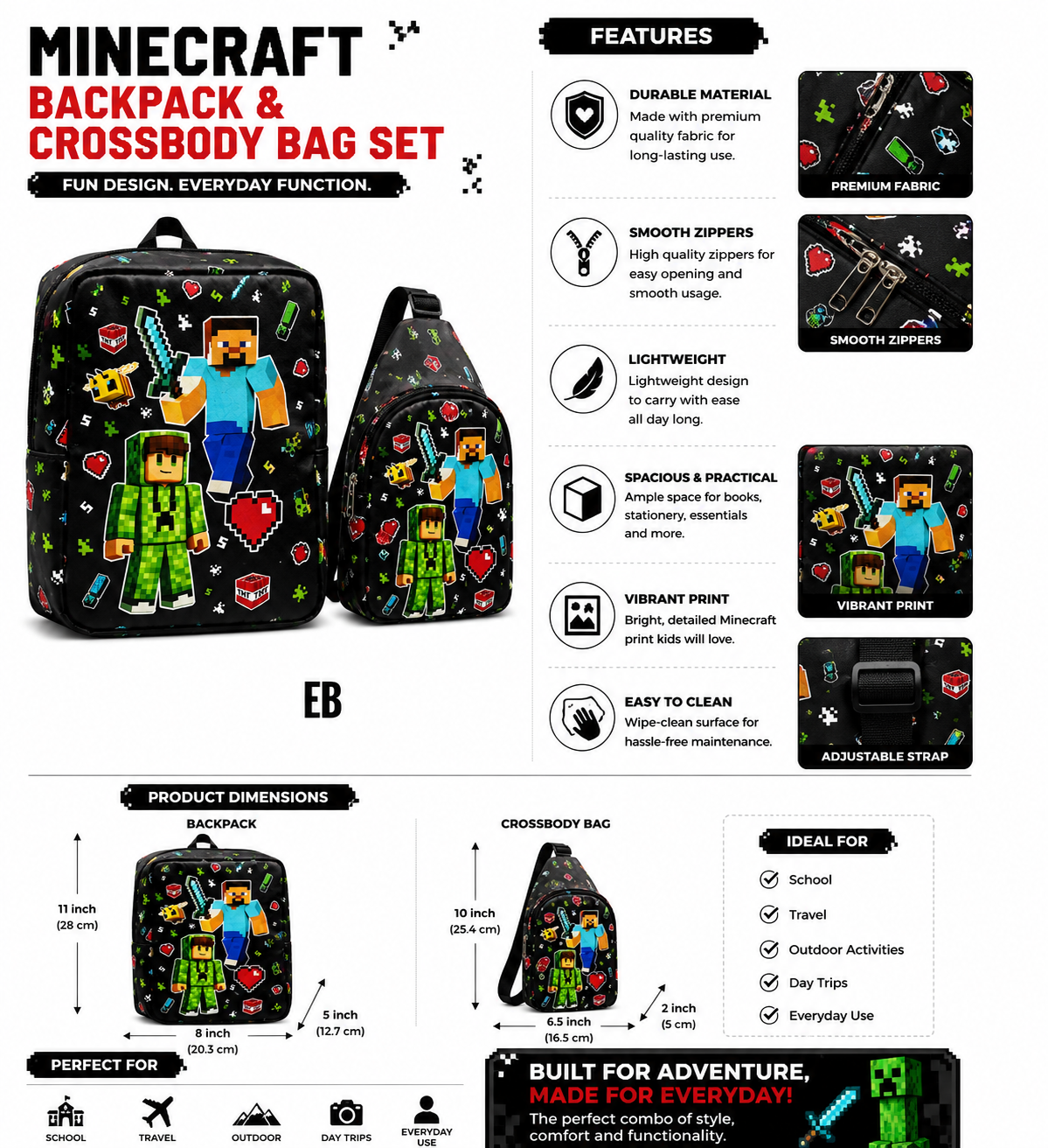Echo Boomers Kids Backpack & Crossbody Sling Bag Set | Lightweight School Bag Combo for Boys & Girls | Premium Fabric | Smooth Zippers | Adjustable Strap | Vibrant Print