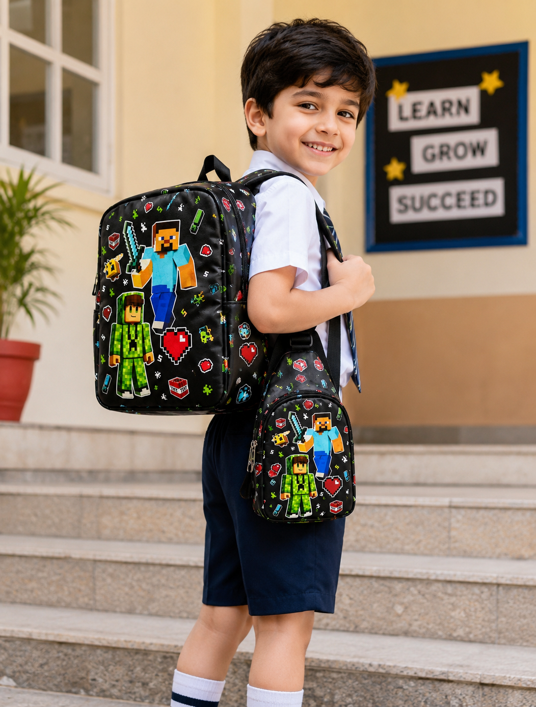 Echo Boomers Kids Backpack & Crossbody Sling Bag Set | Lightweight School Bag Combo for Boys & Girls | Premium Fabric | Smooth Zippers | Adjustable Strap | Vibrant Print