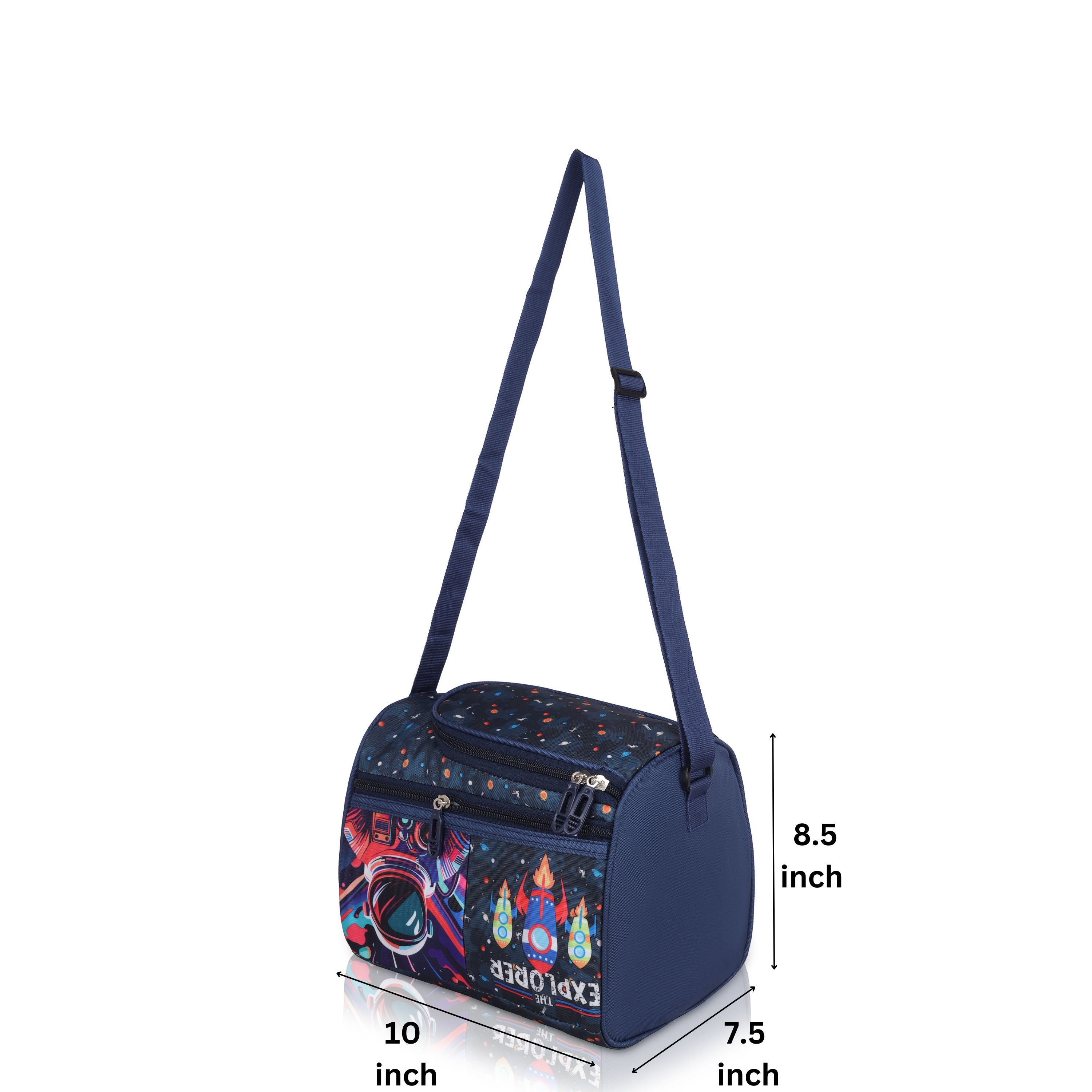 Echo Boomers Blue Explorer Printed Double Insulated Tiffin Lunch Bag with Multi Zipper Pockets - Blue