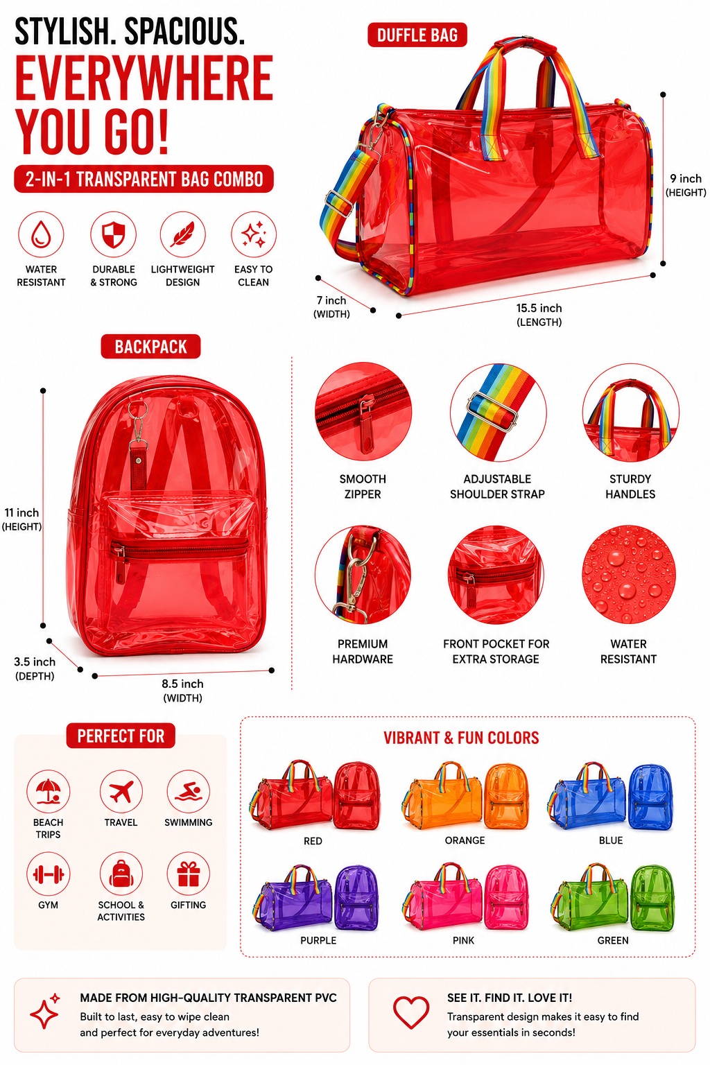 Echo Boomers Transparent PVC Duffle Bag & Backpack Combo | Water-Resistant Travel, Gym, Beach, Swimming & Sports Bag Set with Adjustable Shoulder Strap