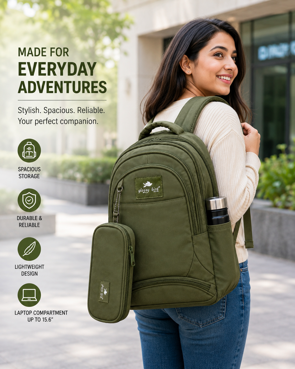 Echo Boomers Glossy Bird Explorer Backpack with Pencil Pouch | Lightweight Water-Resistant School, College, Office & Travel Backpack with Multiple Compartments