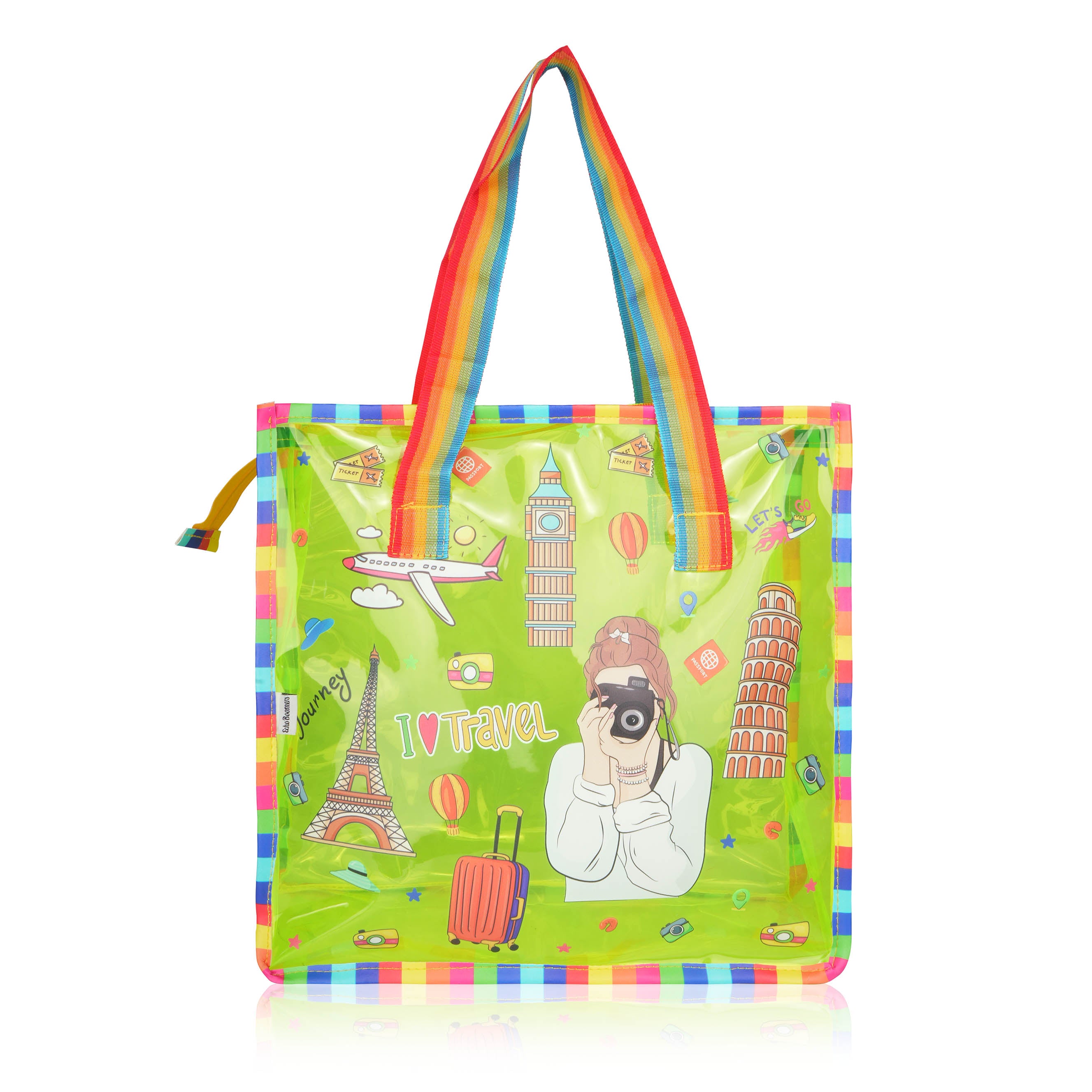 Echo Boomers Jelly Green Transparent Tote Bag for Girls & Boys | UV Printed Let’s Travel Design | Waterproof PVC Handbag | Lightweight Shopping, Outdoor, Beach & Swimming Carry Bag