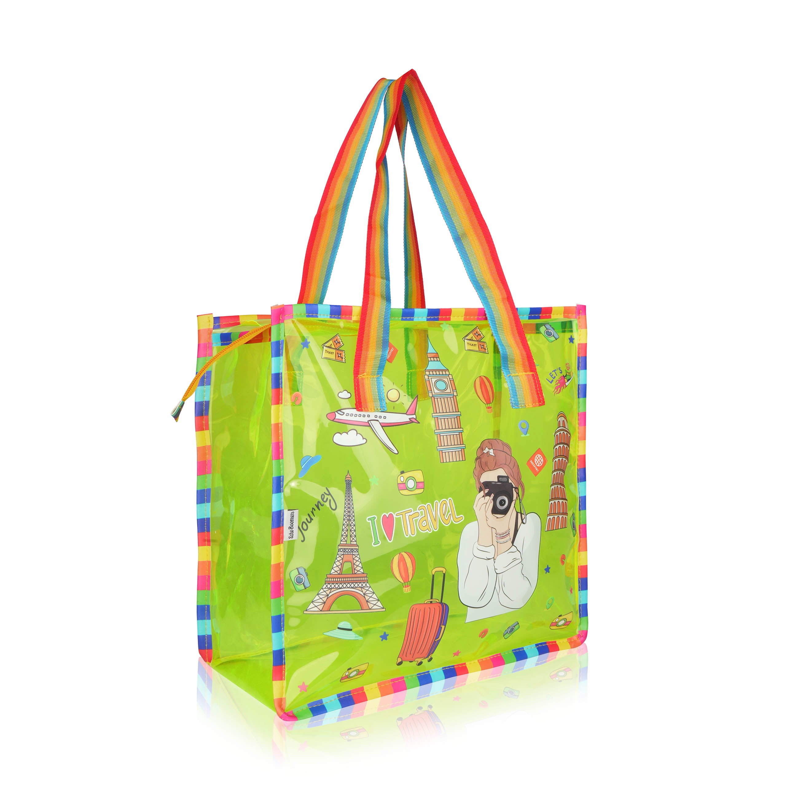 Echo Boomers Jelly Green Transparent Tote Bag for Girls & Boys | UV Printed Let’s Travel Design | Waterproof PVC Handbag | Lightweight Shopping, Outdoor, Beach & Swimming Carry Bag