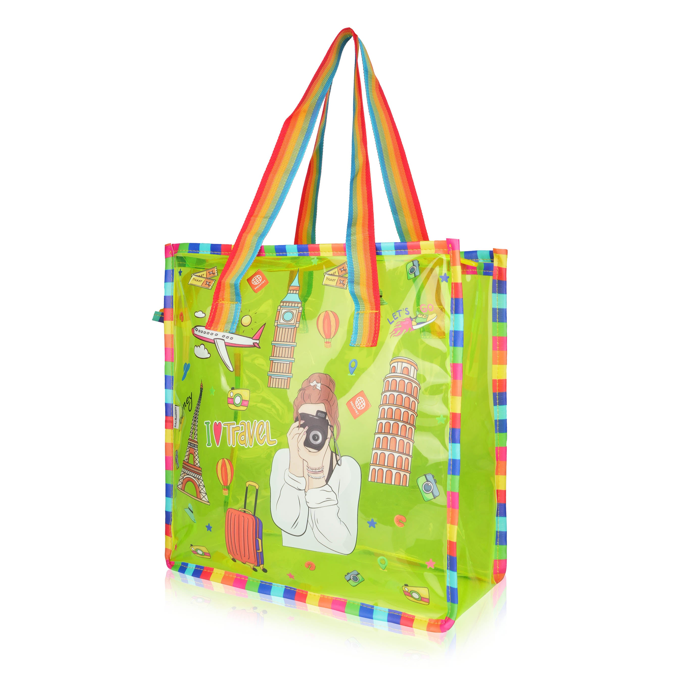 Echo Boomers Jelly Green Transparent Tote Bag for Girls & Boys | UV Printed Let’s Travel Design | Waterproof PVC Handbag | Lightweight Shopping, Outdoor, Beach & Swimming Carry Bag