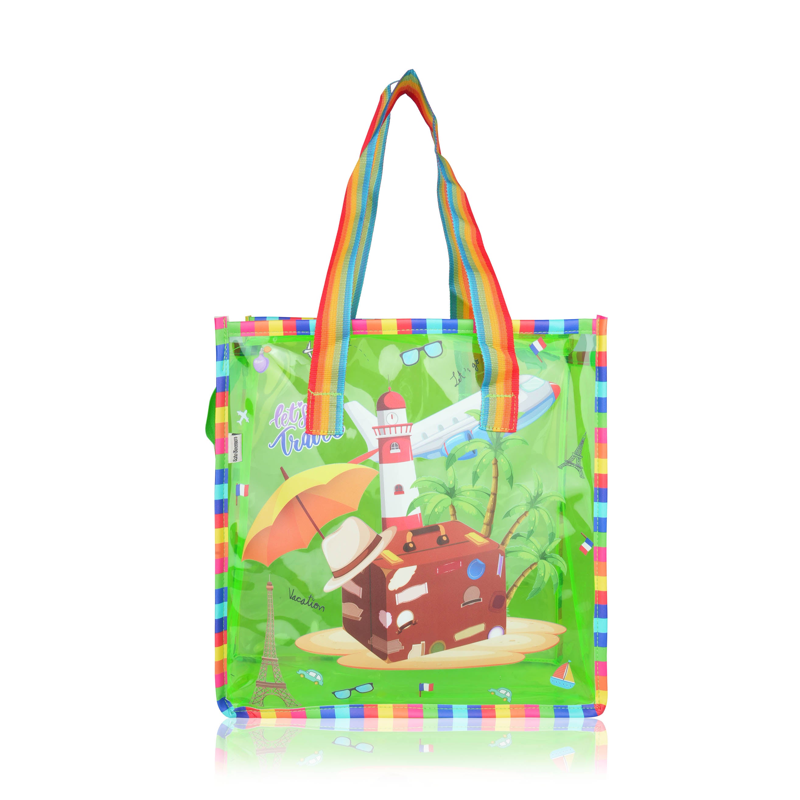 Echo Boomers Jelly Green Transparent Tote Bag for Girls & Boys | UV Printed Let’s Travel Design | Waterproof PVC Handbag | Lightweight Shopping, Outdoor, Beach & Swimming Carry Bag