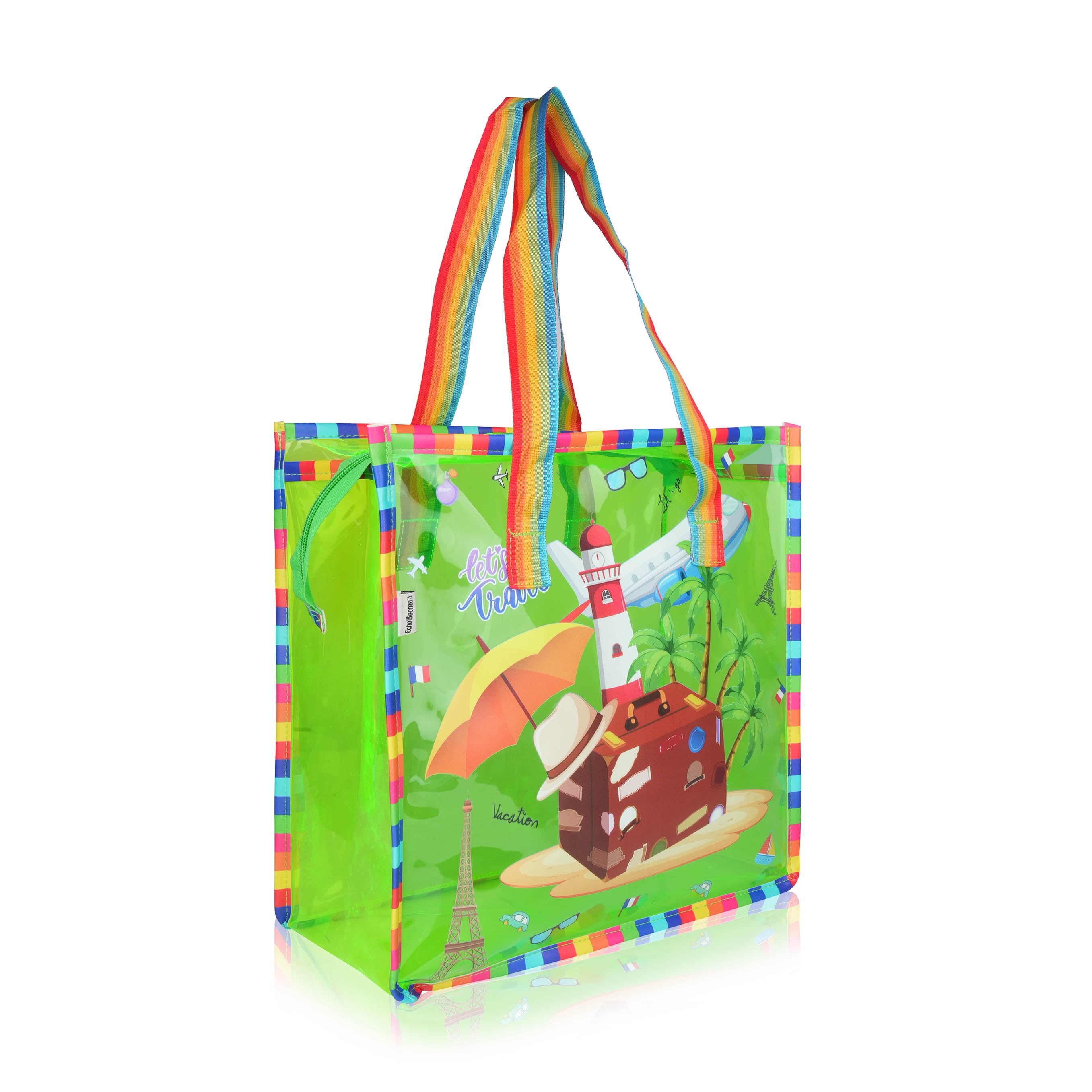 Echo Boomers Jelly Green Transparent Tote Bag for Girls & Boys | UV Printed Let’s Travel Design | Waterproof PVC Handbag | Lightweight Shopping, Outdoor, Beach & Swimming Carry Bag