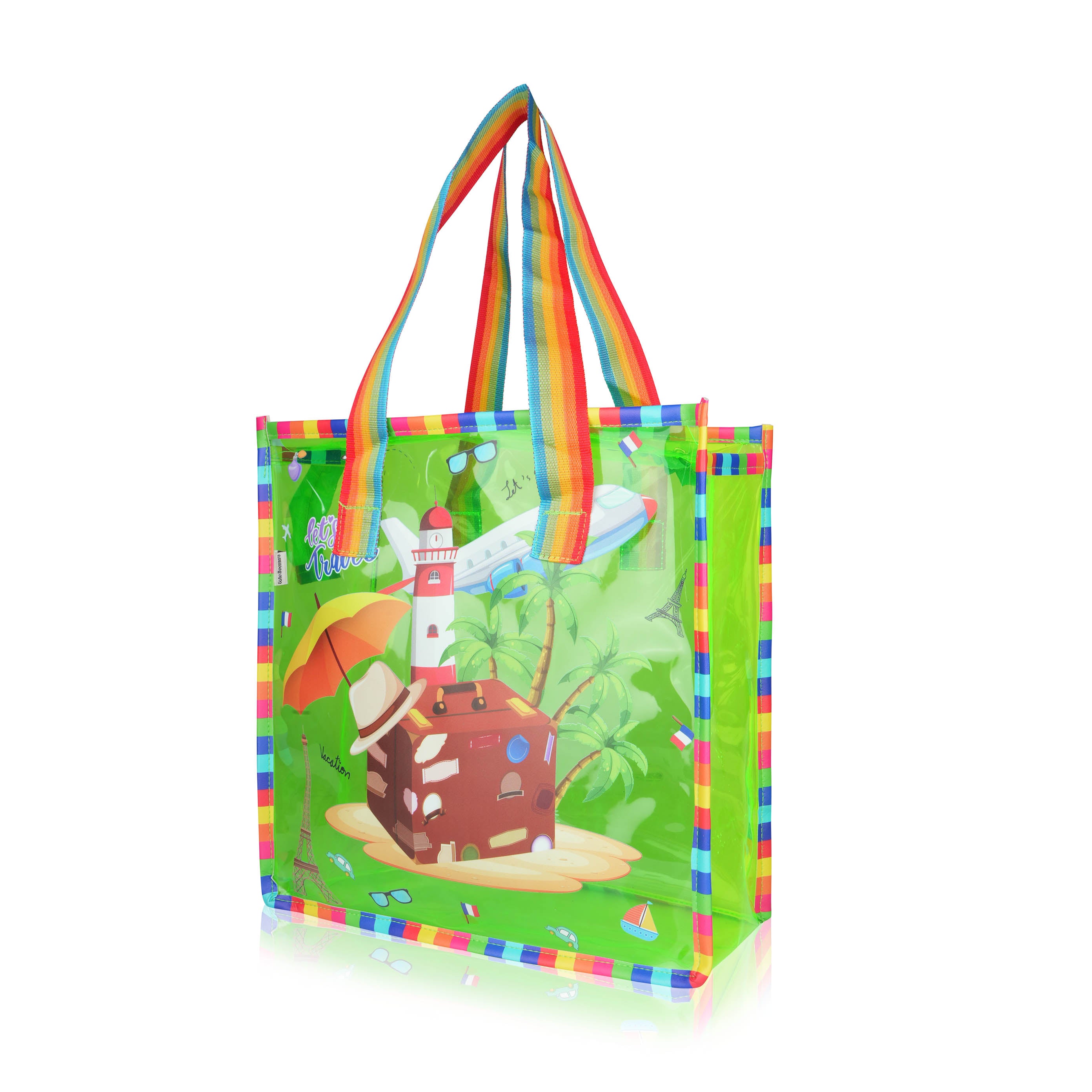 Echo Boomers Jelly Green Transparent Tote Bag for Girls & Boys | UV Printed Let’s Travel Design | Waterproof PVC Handbag | Lightweight Shopping, Outdoor, Beach & Swimming Carry Bag