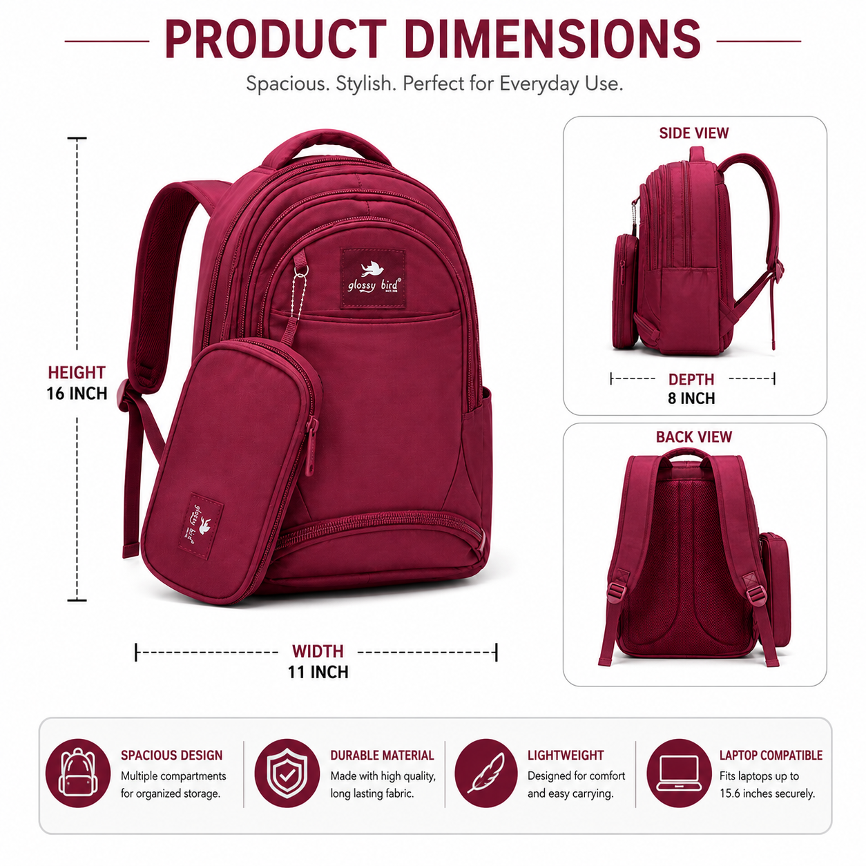 Echo Boomers Glossy Bird Explorer Backpack with Pencil Pouch | Lightweight Water-Resistant School, College, Office & Travel Backpack with Multiple Compartments