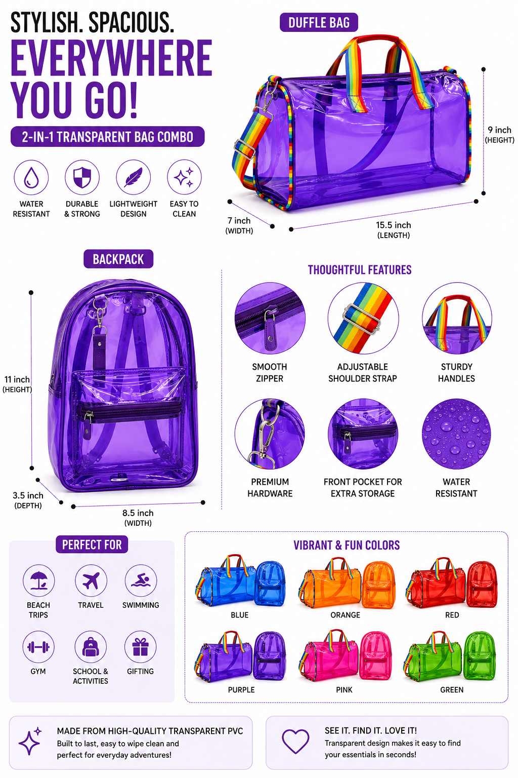 Echo Boomers Transparent PVC Duffle Bag & Backpack Combo | Water-Resistant Travel, Gym, Beach, Swimming & Sports Bag Set with Adjustable Shoulder Strap