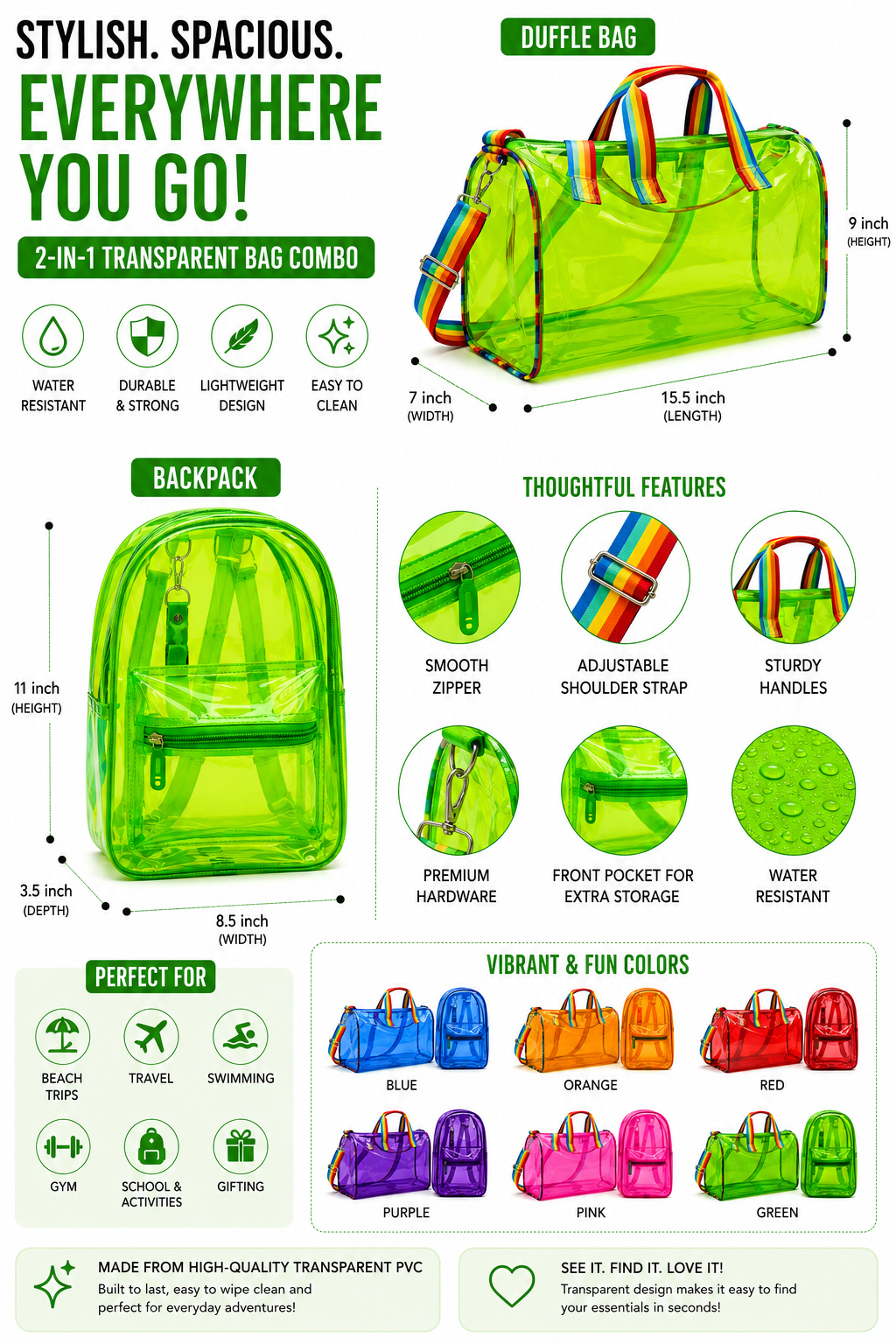Echo Boomers Transparent PVC Duffle Bag & Backpack Combo | Water-Resistant Travel, Gym, Beach, Swimming & Sports Bag Set with Adjustable Shoulder Strap
