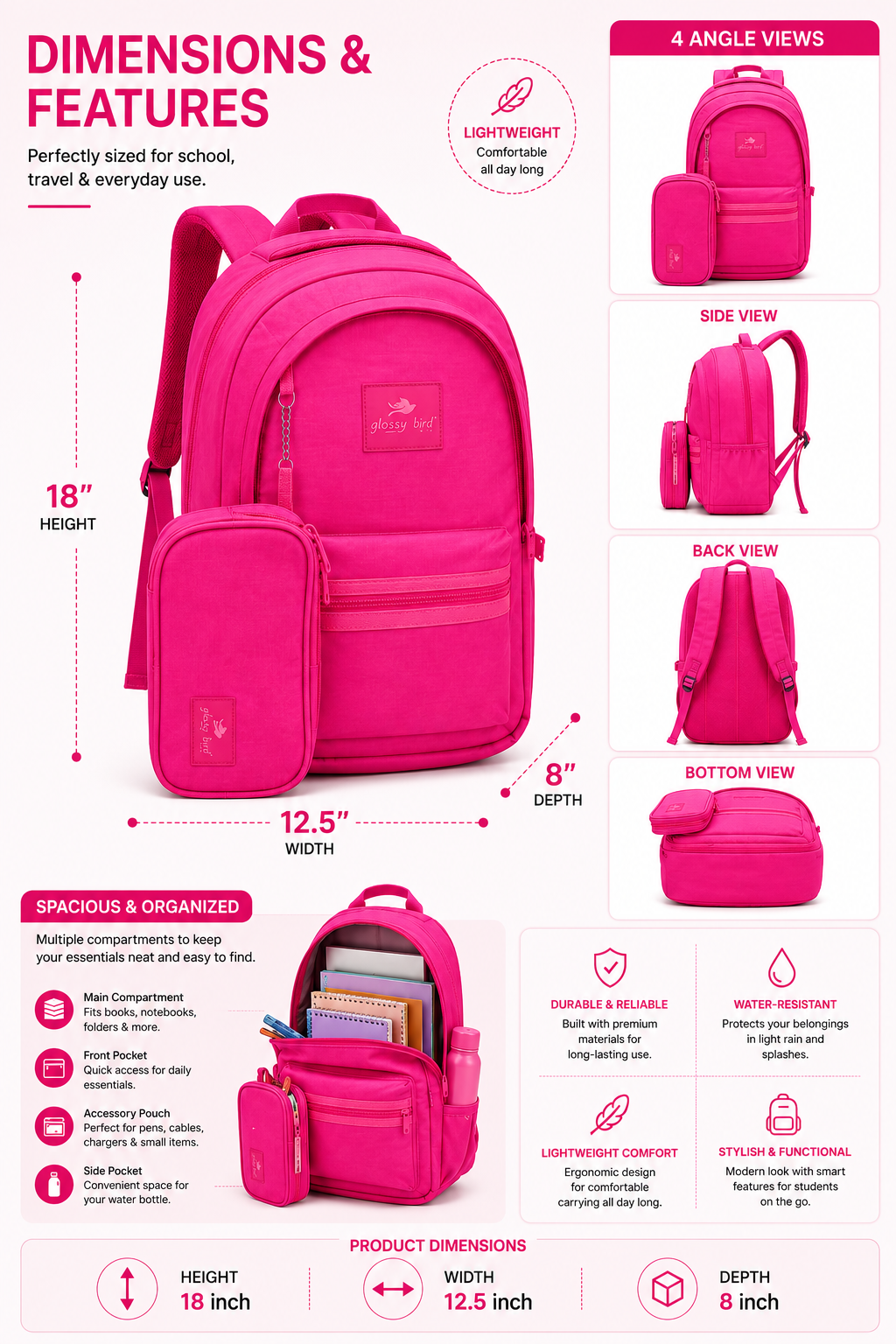 Echo Boomers Glossy Bird Everyday Backpack with Pencil Pouch| Water-Resistant Backpack for School, College, Office & Travel | Lightweight with Multiple Compartments