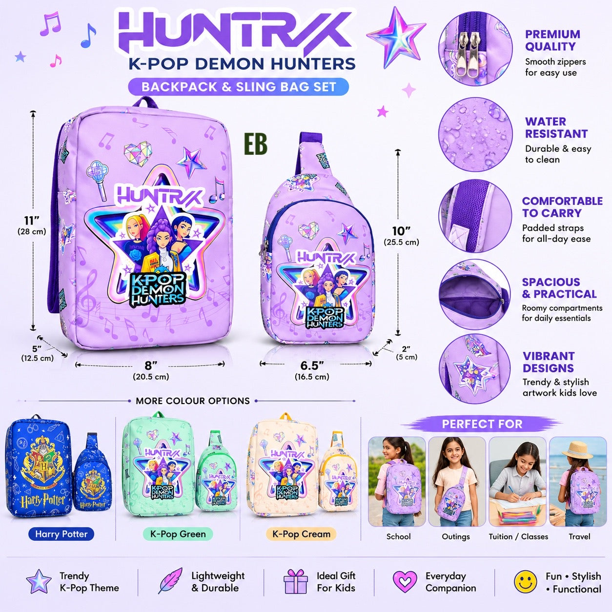 Echo Boomers Kids Backpack & Crossbody Sling Bag Set | Lightweight School Bag Combo for Boys & Girls | Premium Fabric | Smooth Zippers | Adjustable Strap | Vibrant Print