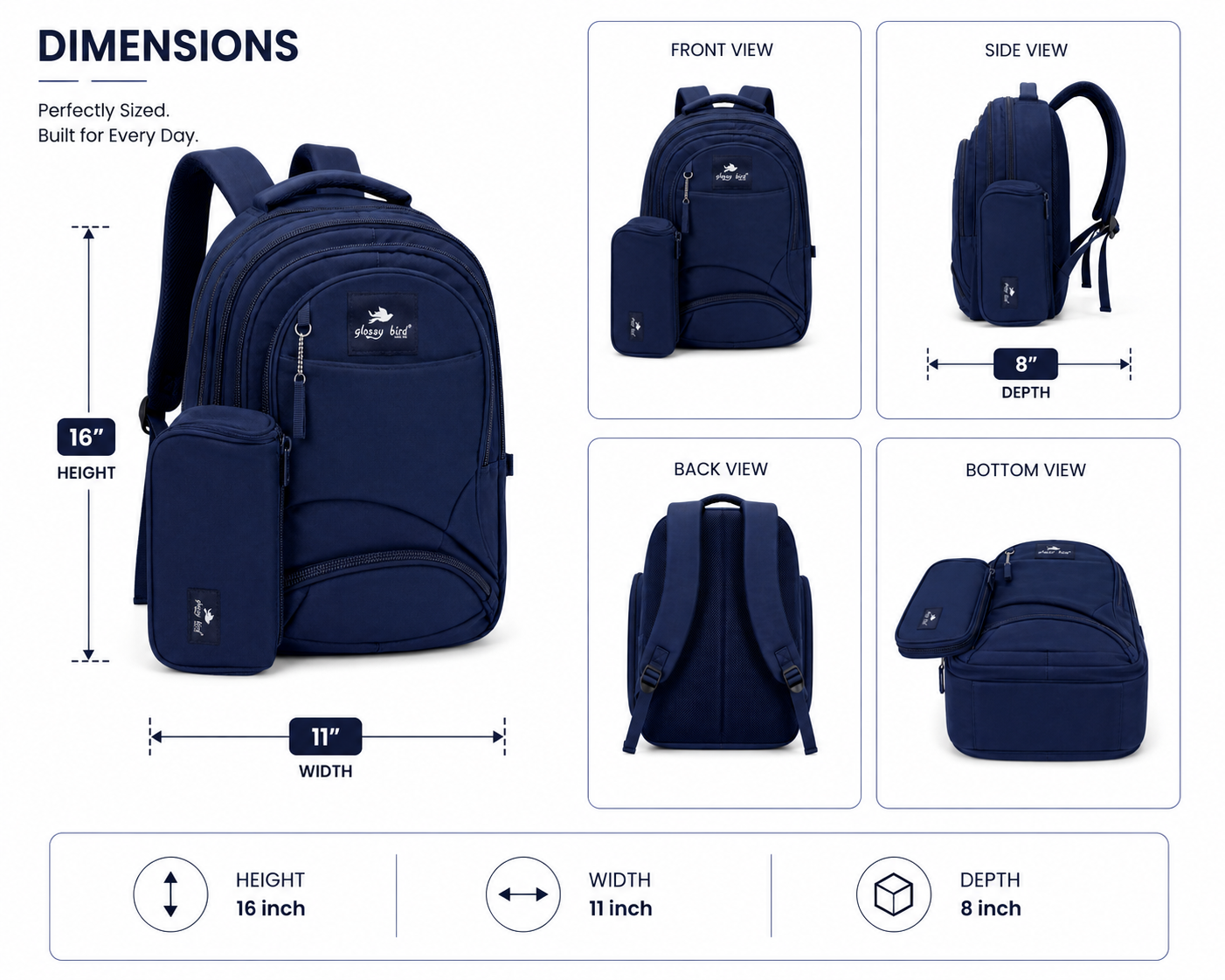 Echo Boomers Glossy Bird Explorer Backpack with Pencil Pouch | Lightweight Water-Resistant School, College, Office & Travel Backpack with Multiple Compartments