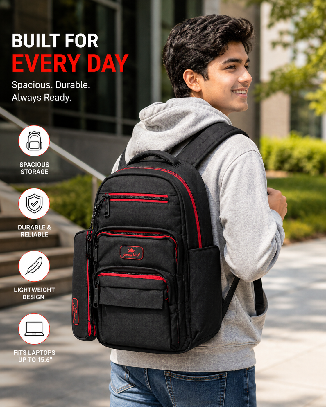 Echo Boomers Glossy Bird Everyday Backpack with Pencil Pouch| Lightweight Water-Resistant Travel, School, College & Office Backpack with Multiple Compartments