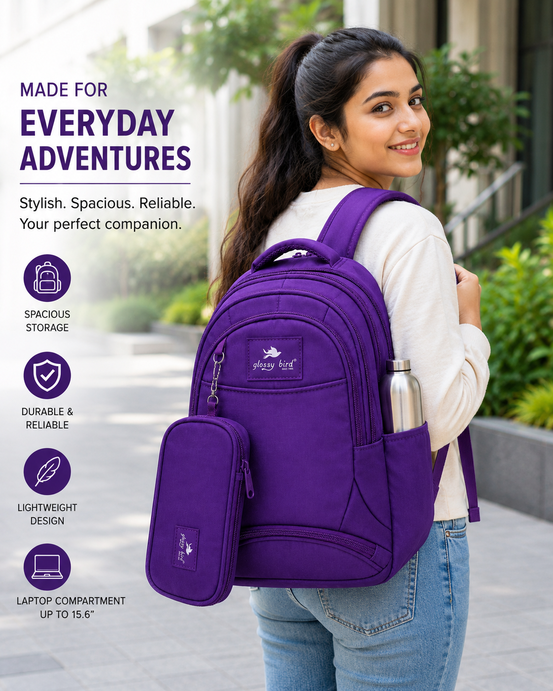 Echo Boomers Glossy Bird Explorer Backpack with Pencil Pouch | Lightweight Water-Resistant School, College, Office & Travel Backpack with Multiple Compartments