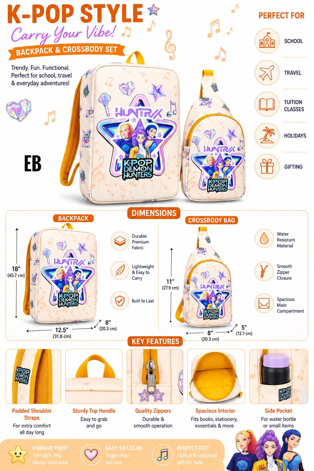 Echo Boomers Kids Backpack & Crossbody Sling Bag Set | Lightweight School Bag Combo for Boys & Girls | Premium Fabric | Smooth Zippers | Adjustable Strap | Vibrant Print