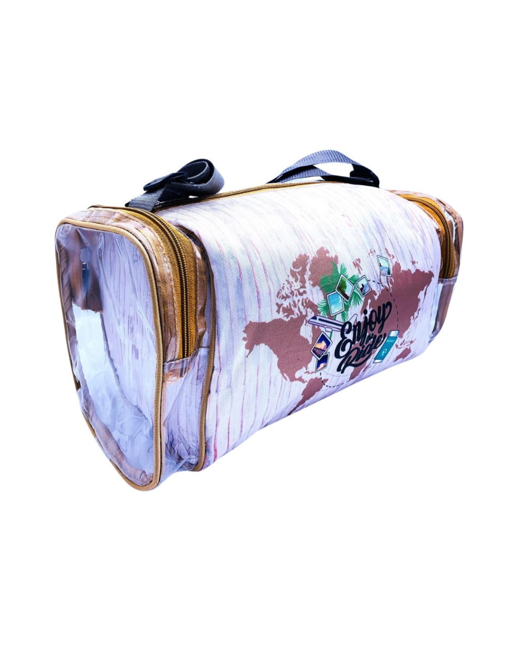 Echo Boomers White Enjoy the Rider Print Square Travel Duffle Gym Luggage Bag with PVC Side Compartments