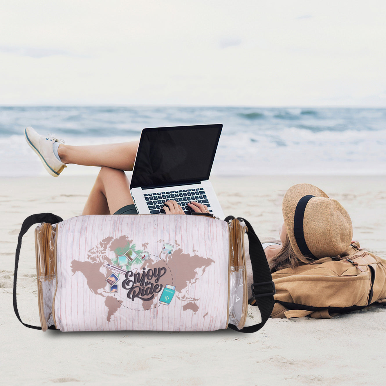 Echo Boomers White Enjoy the Rider Print Square Travel Duffle Gym Luggage Bag with PVC Side Compartments
