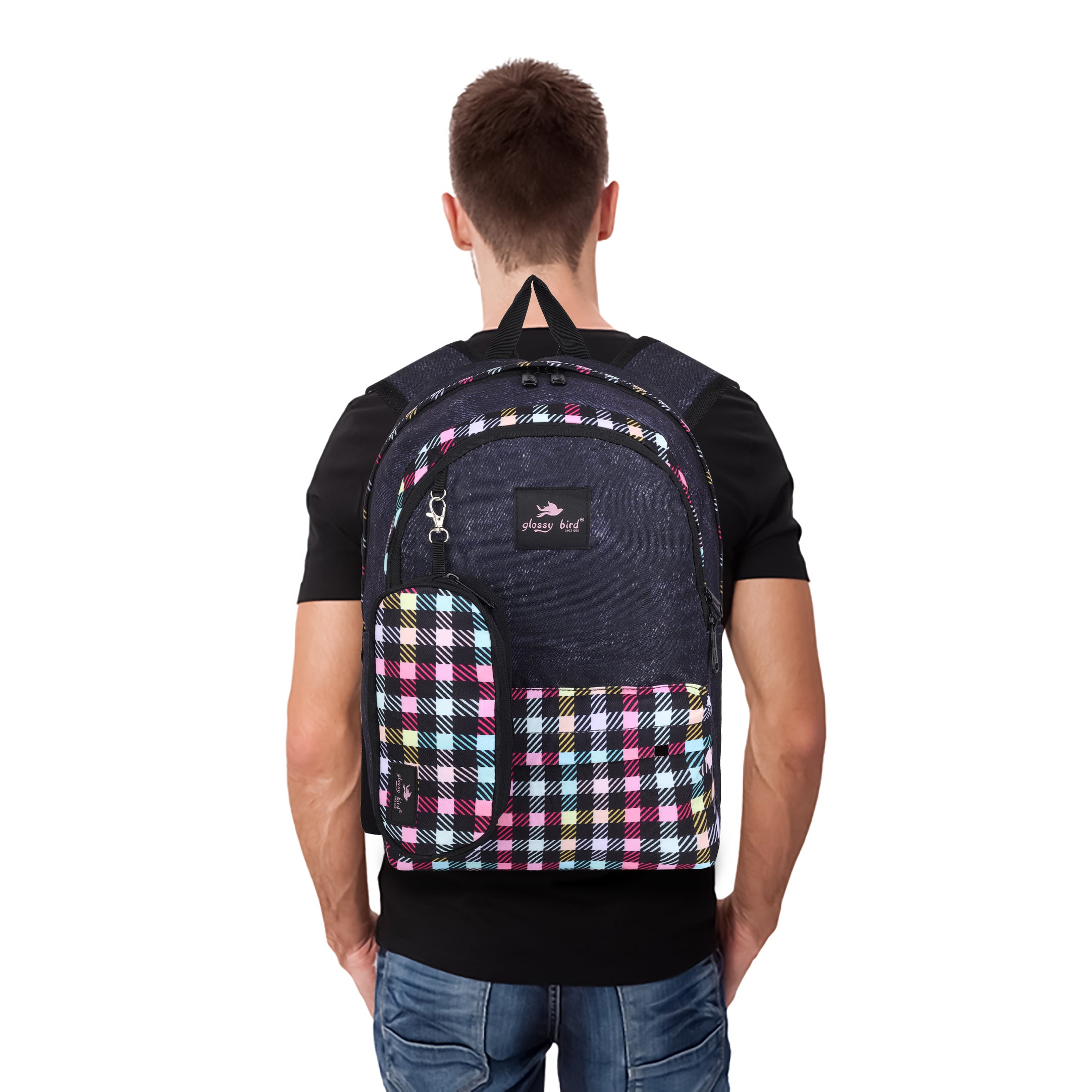 Echo Boomers Glossy Bird 21L Unisex Backpack with Pouch – Stylish Check Design, 3 Compartments, Front Pocket, Bottle Holder – Water-Resistant School, Travel, Office Bag (Yellow