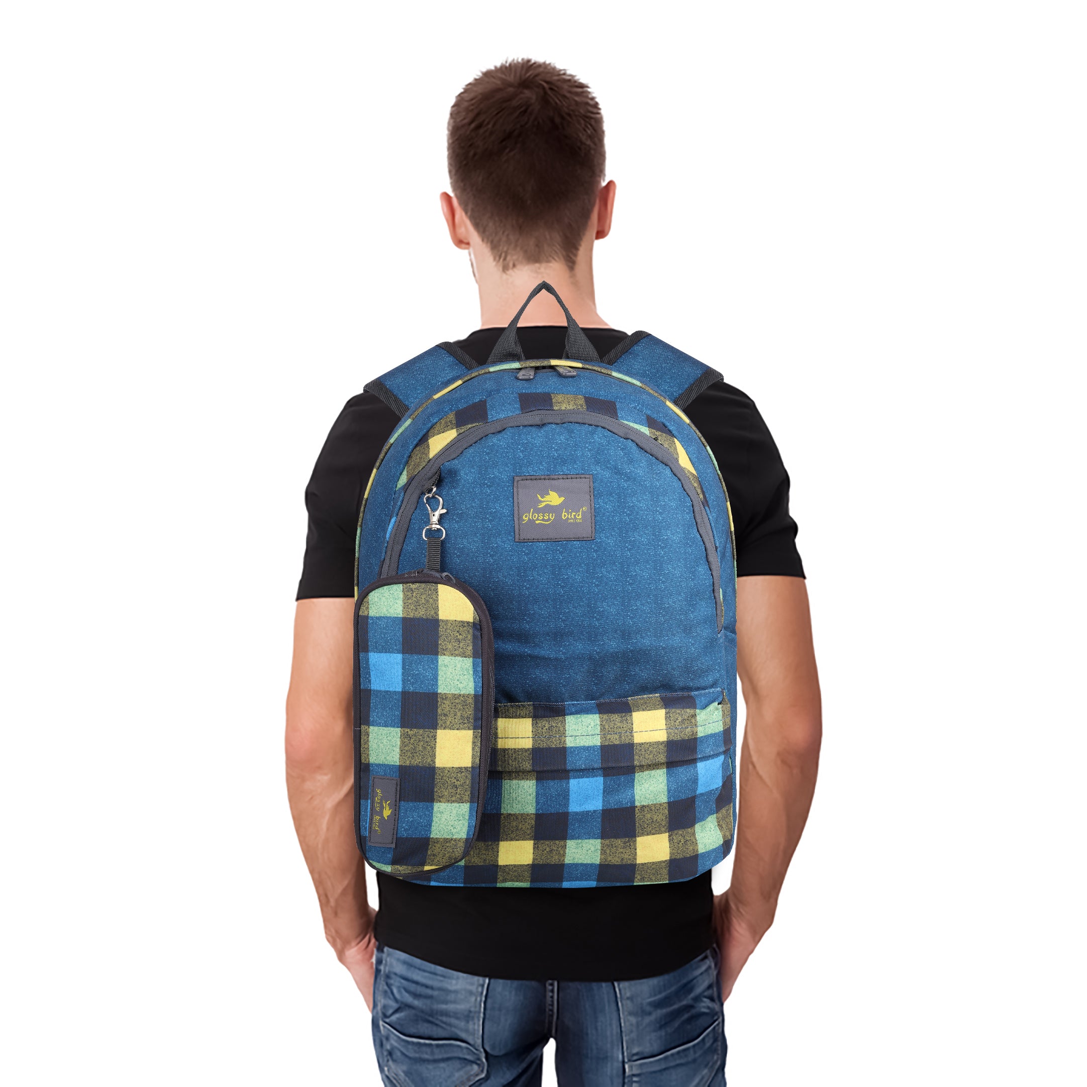 Echo Boomers Glossy Bird 21L Unisex Backpack with Pouch – Stylish Check Design, 3 Compartments, Front Pocket, Bottle Holder – Water-Resistant School, Travel, Office Bag (Yellow