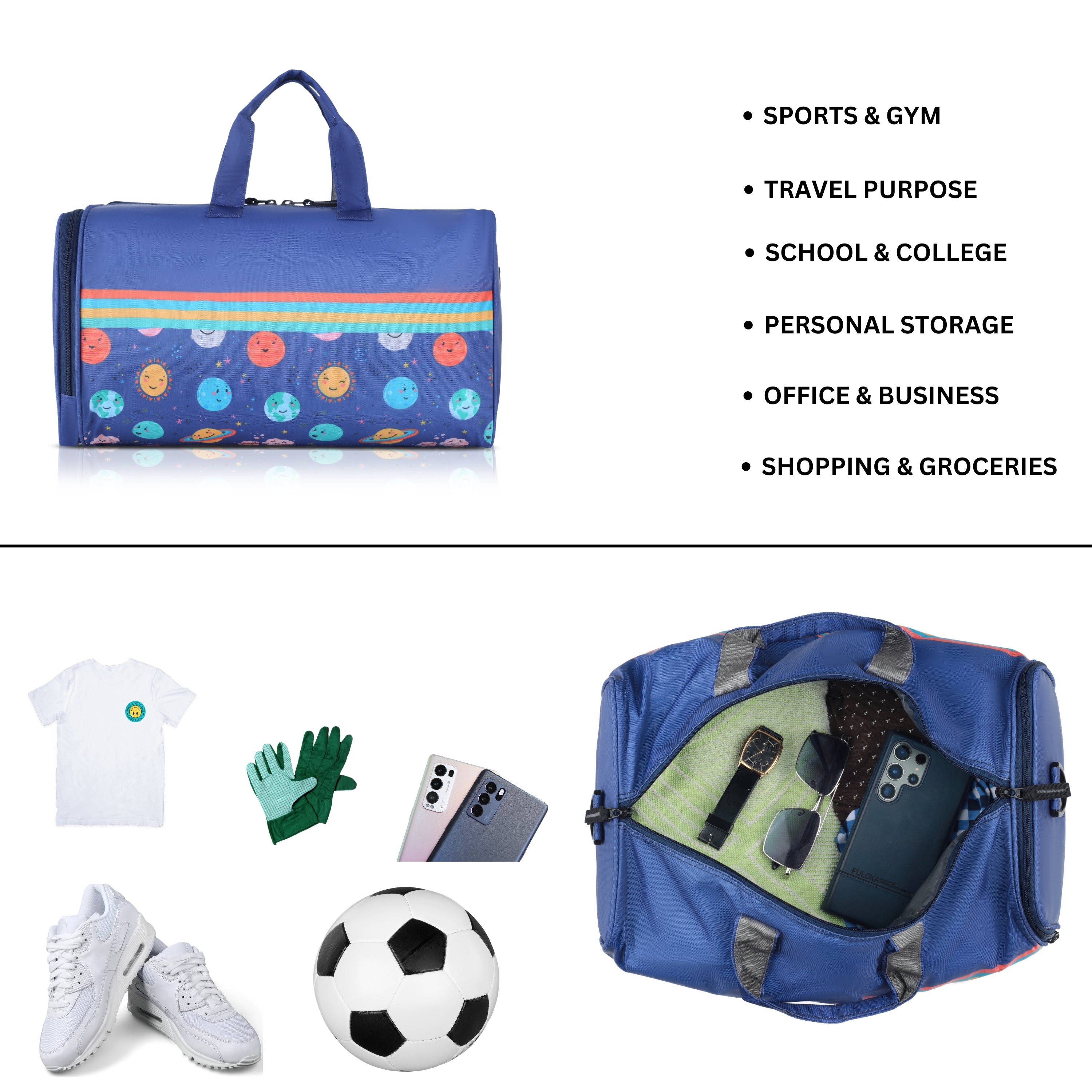 Echo Boomers Space Print Duffle Bag – Stylish Travel & Gym Bag with Shoe Compartment