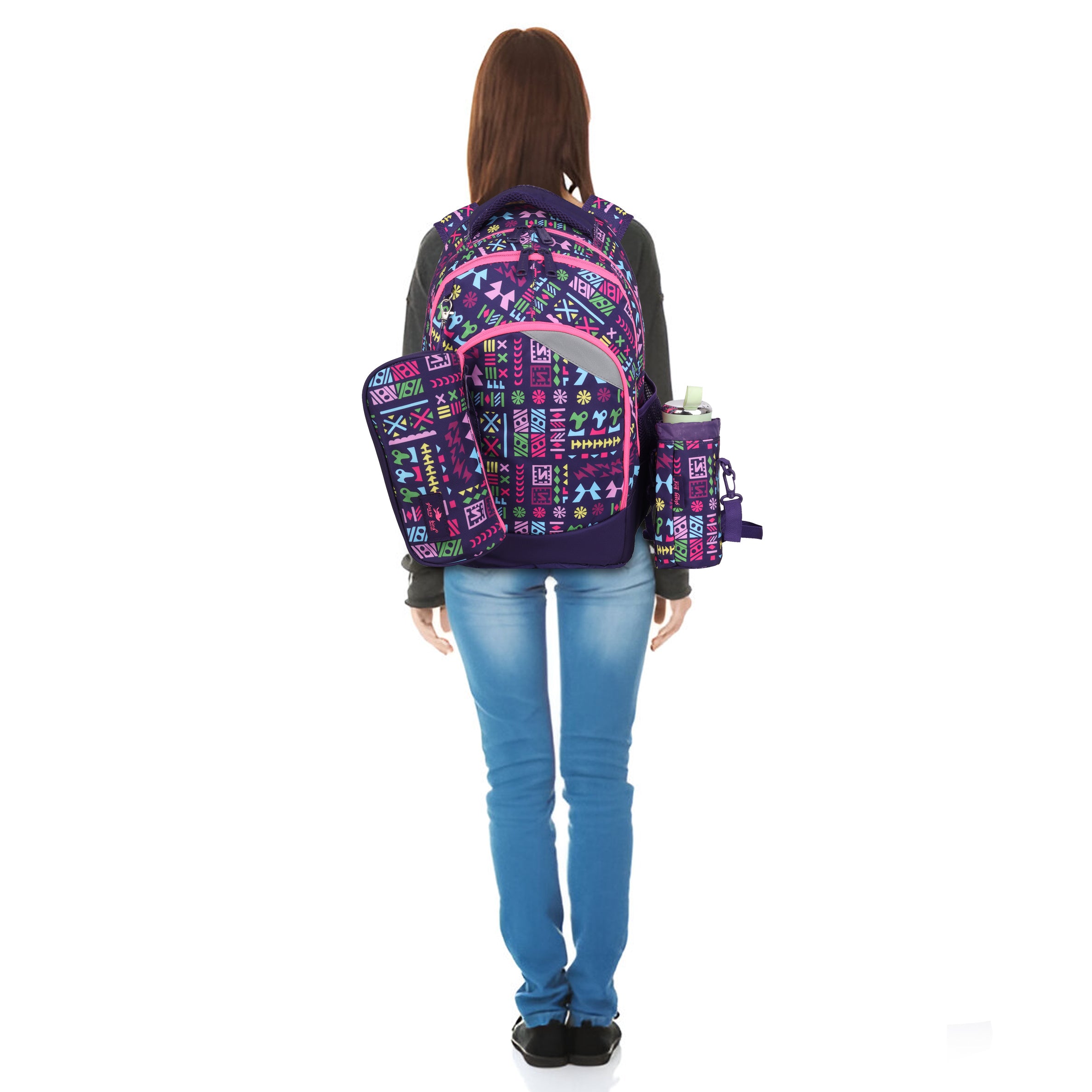 Echo Boomers Glossy Bird Backpack (BLACK) – Lightweight Water-Resistant School Bag for Girls & Boys with Detachable Pouch & Bottle Holder – Stylish Multi-Pocket Travel Backpack