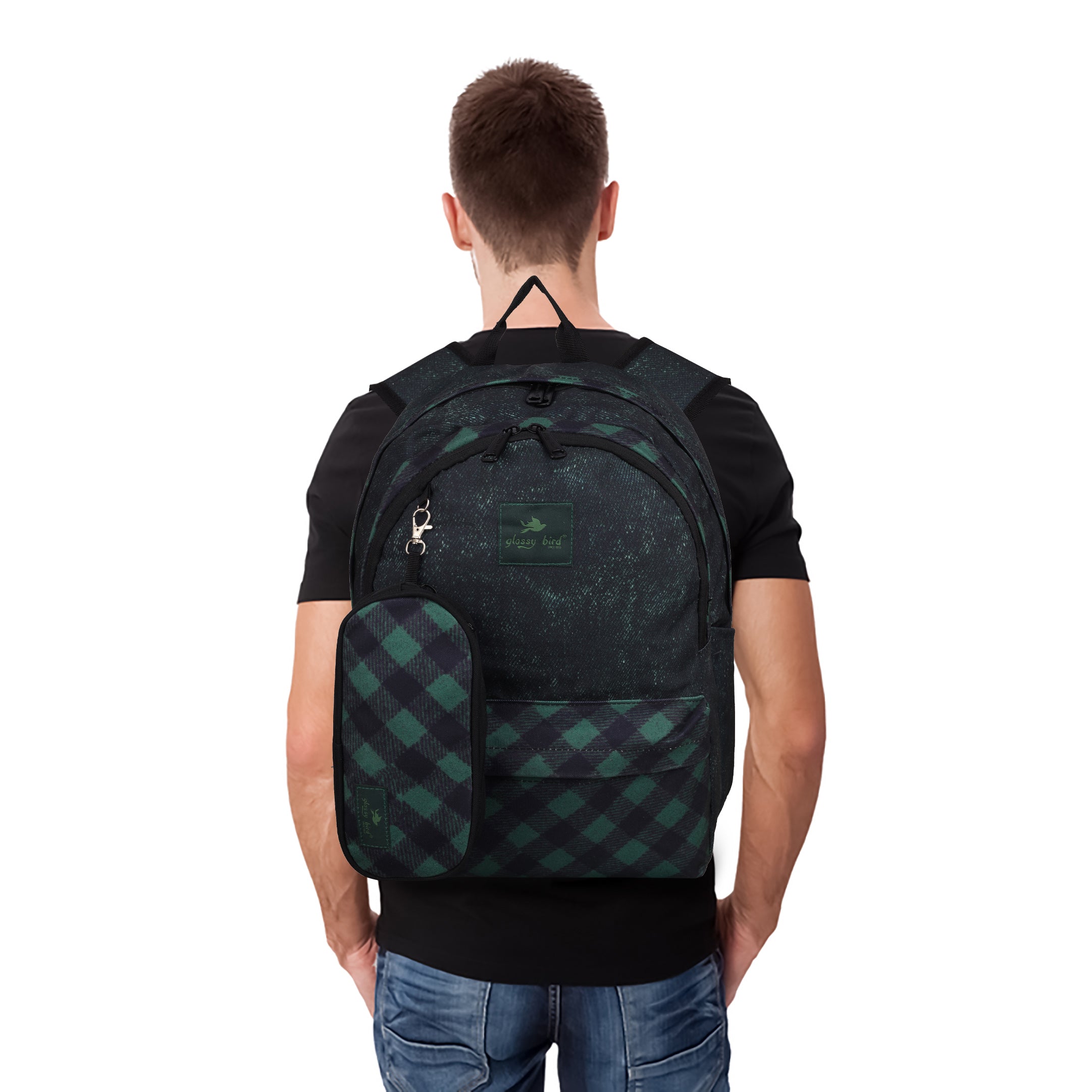 Echo Boomers Glossy Bird 21L Unisex Backpack with Pouch – Stylish Check Design, 3 Compartments, Front Pocket, Bottle Holder – Water-Resistant School, Travel, Office Bag (Yellow