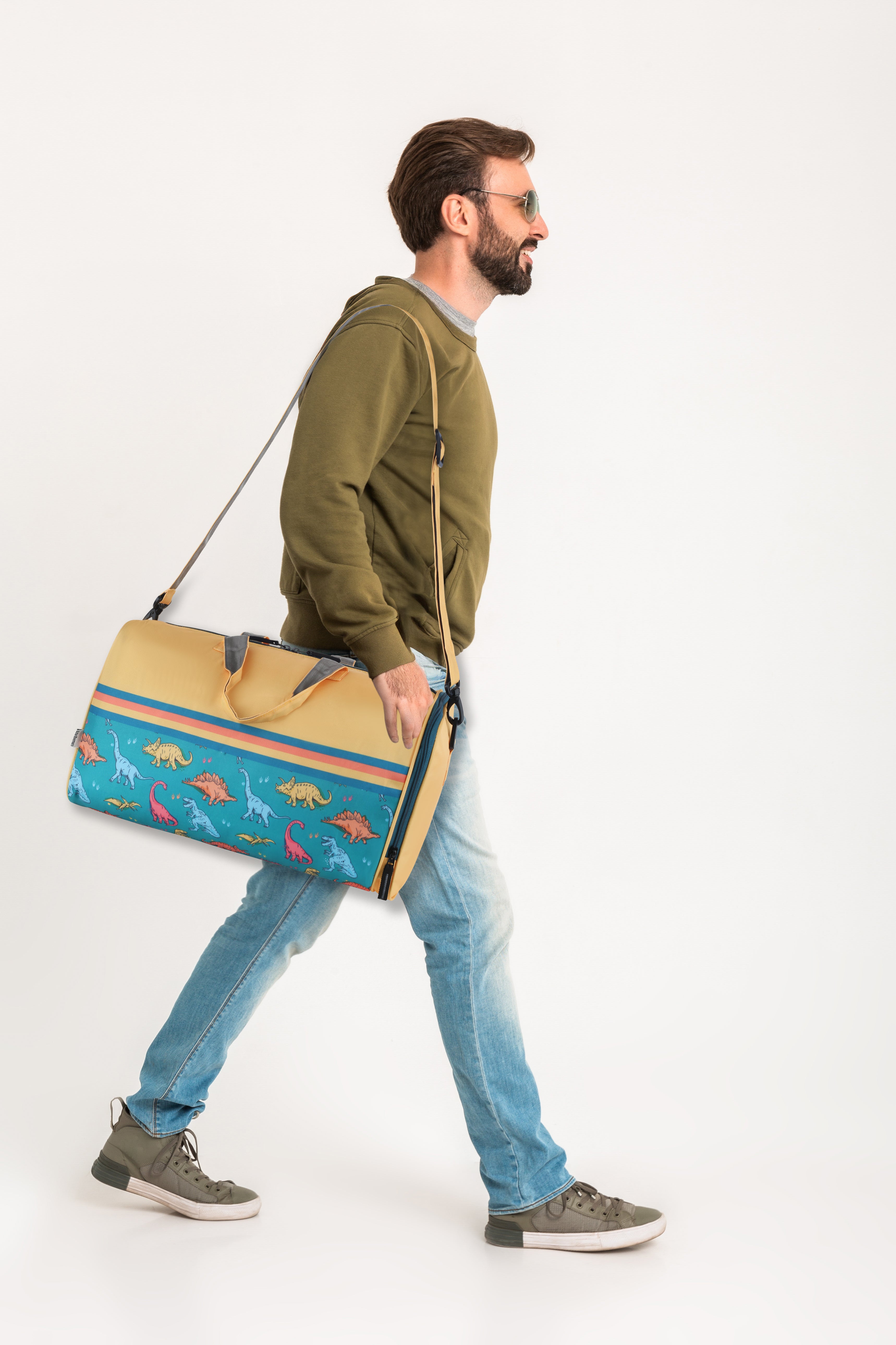 Echo Boomers Square Dino Print Duffle Bag – Stylish Travel & Gym Bag with Shoe Compartment