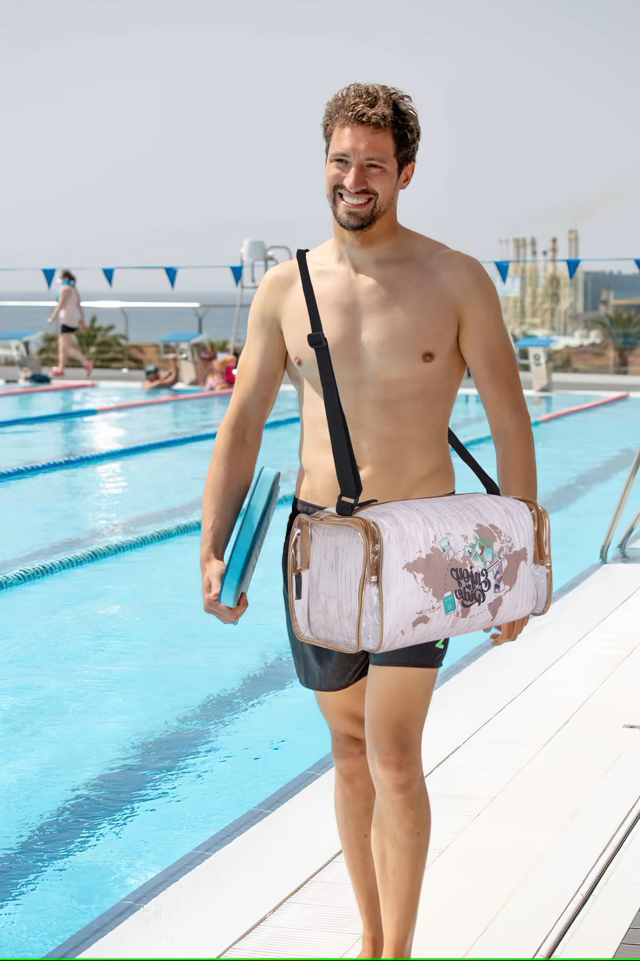 Echo Boomers White Enjoy the Rider Print Square Travel Duffle Gym Luggage Bag with PVC Side Compartments