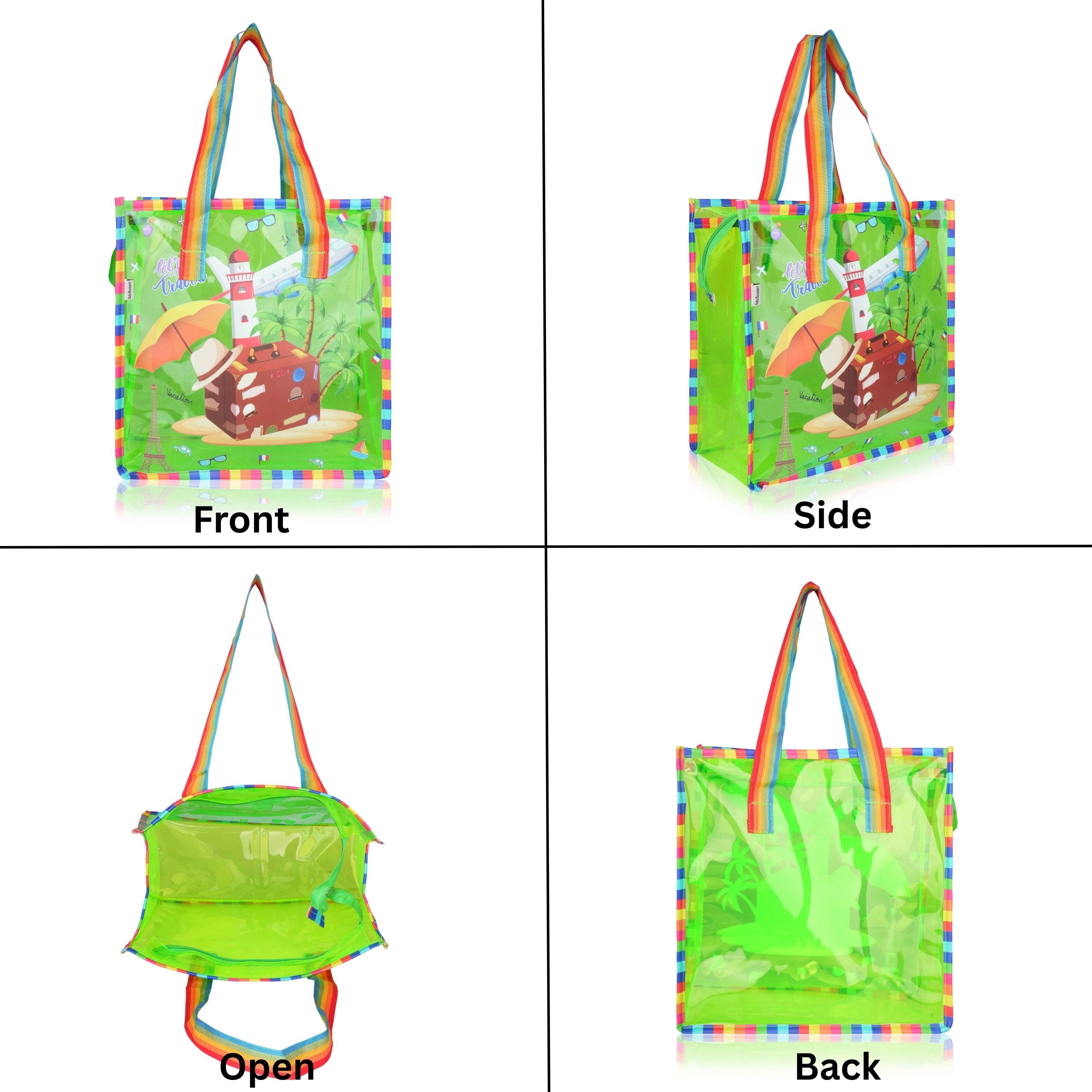 Echo Boomers Jelly Green Transparent Tote Bag for Girls & Boys | UV Printed Let’s Travel Design | Waterproof PVC Handbag | Lightweight Shopping, Outdoor, Beach & Swimming Carry Bag