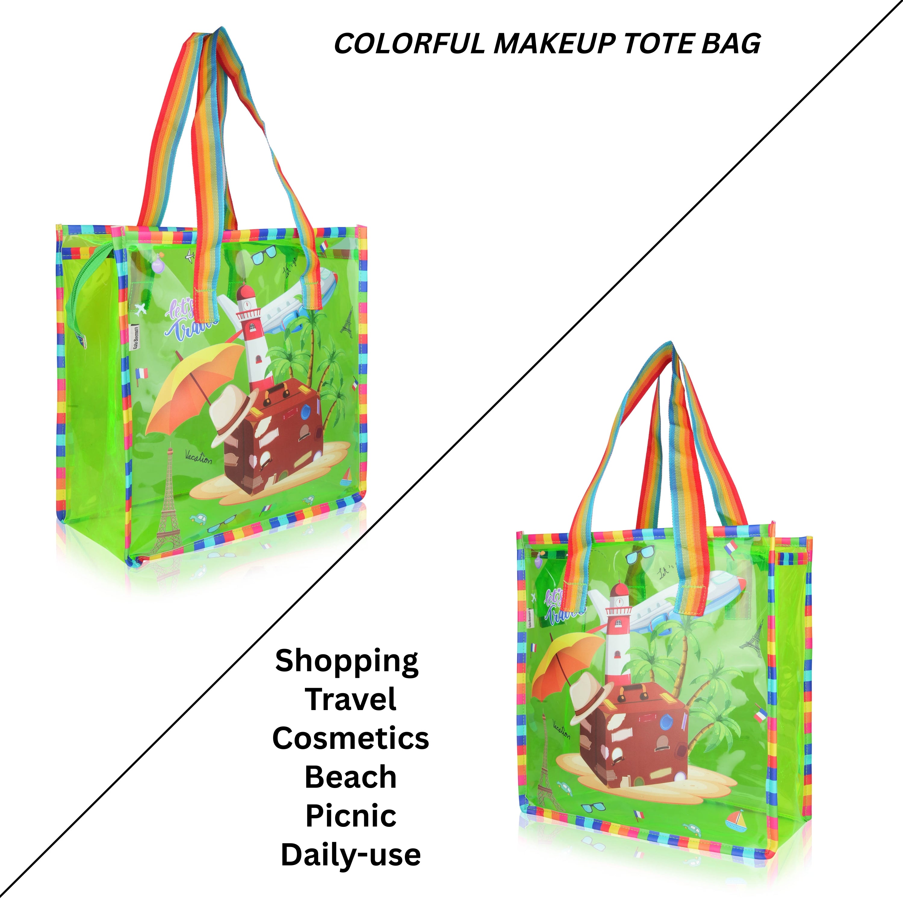 Echo Boomers Jelly Green Transparent Tote Bag for Girls & Boys | UV Printed Let’s Travel Design | Waterproof PVC Handbag | Lightweight Shopping, Outdoor, Beach & Swimming Carry Bag