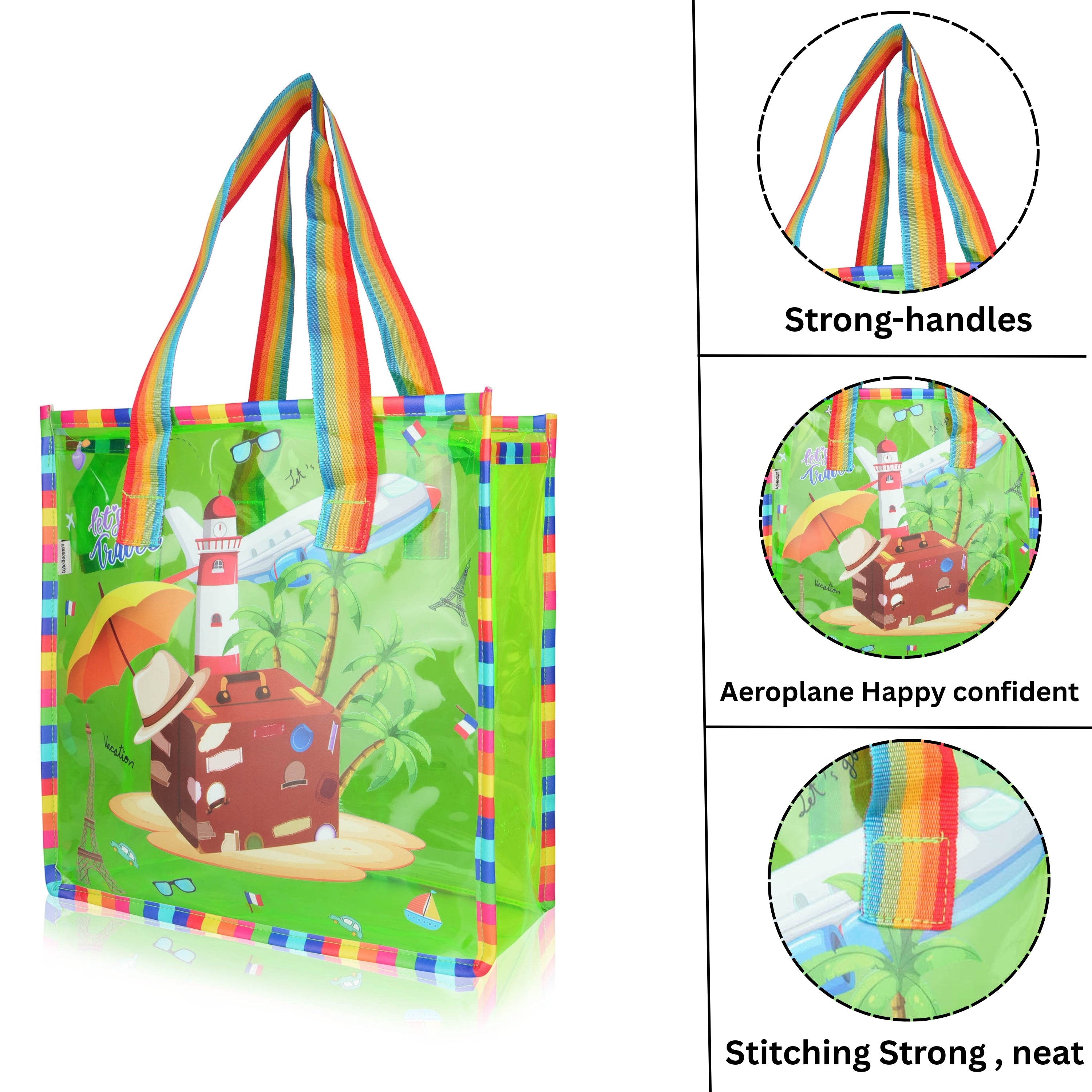 Echo Boomers Jelly Green Transparent Tote Bag for Girls & Boys | UV Printed Let’s Travel Design | Waterproof PVC Handbag | Lightweight Shopping, Outdoor, Beach & Swimming Carry Bag