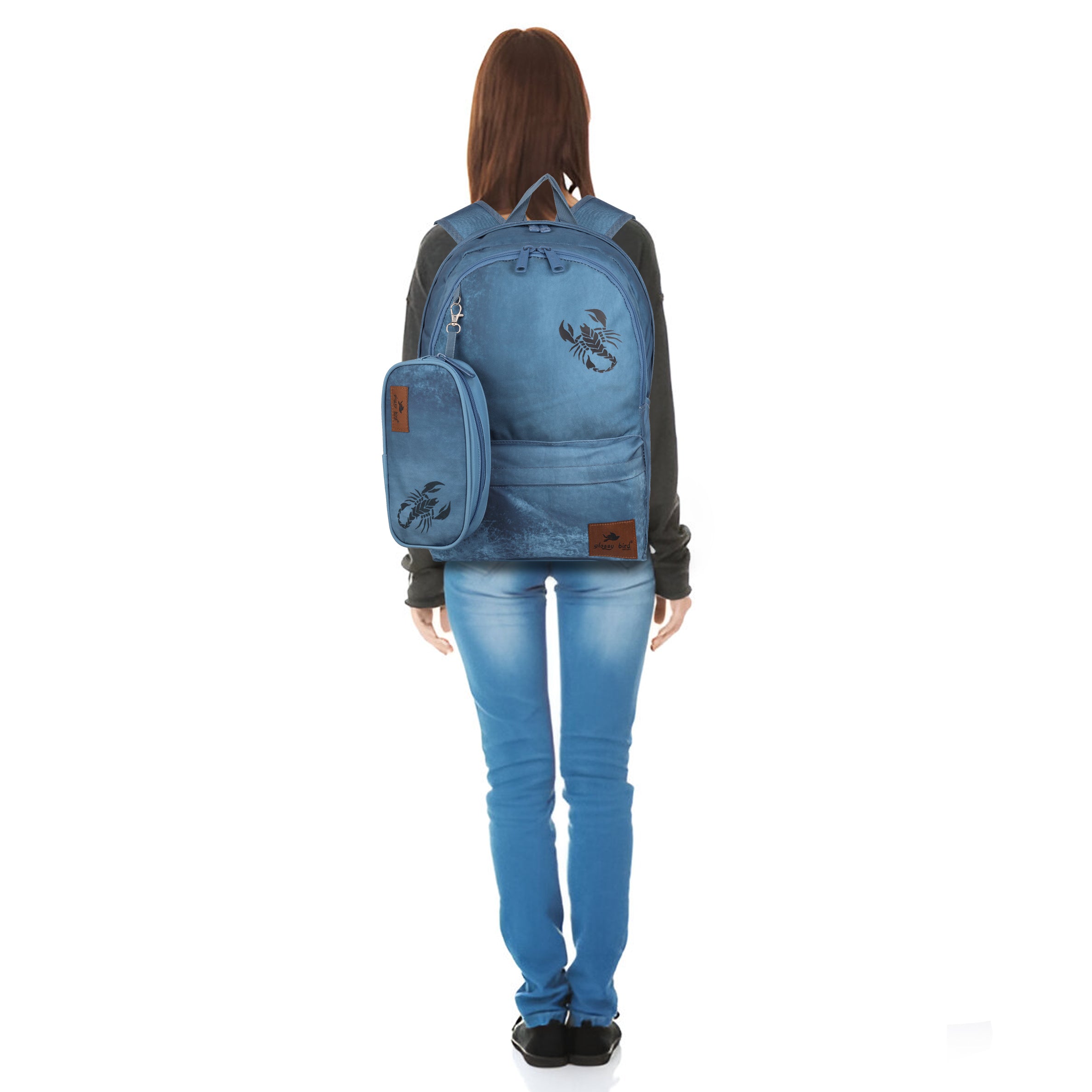 Echo Boomers Glossy Bird Backpack – Water-Resistant Stylish Bag with 3 Compartments, Bottle Holder, Detachable Pouch & Padded Straps – School & Travel Bag (AQUA)