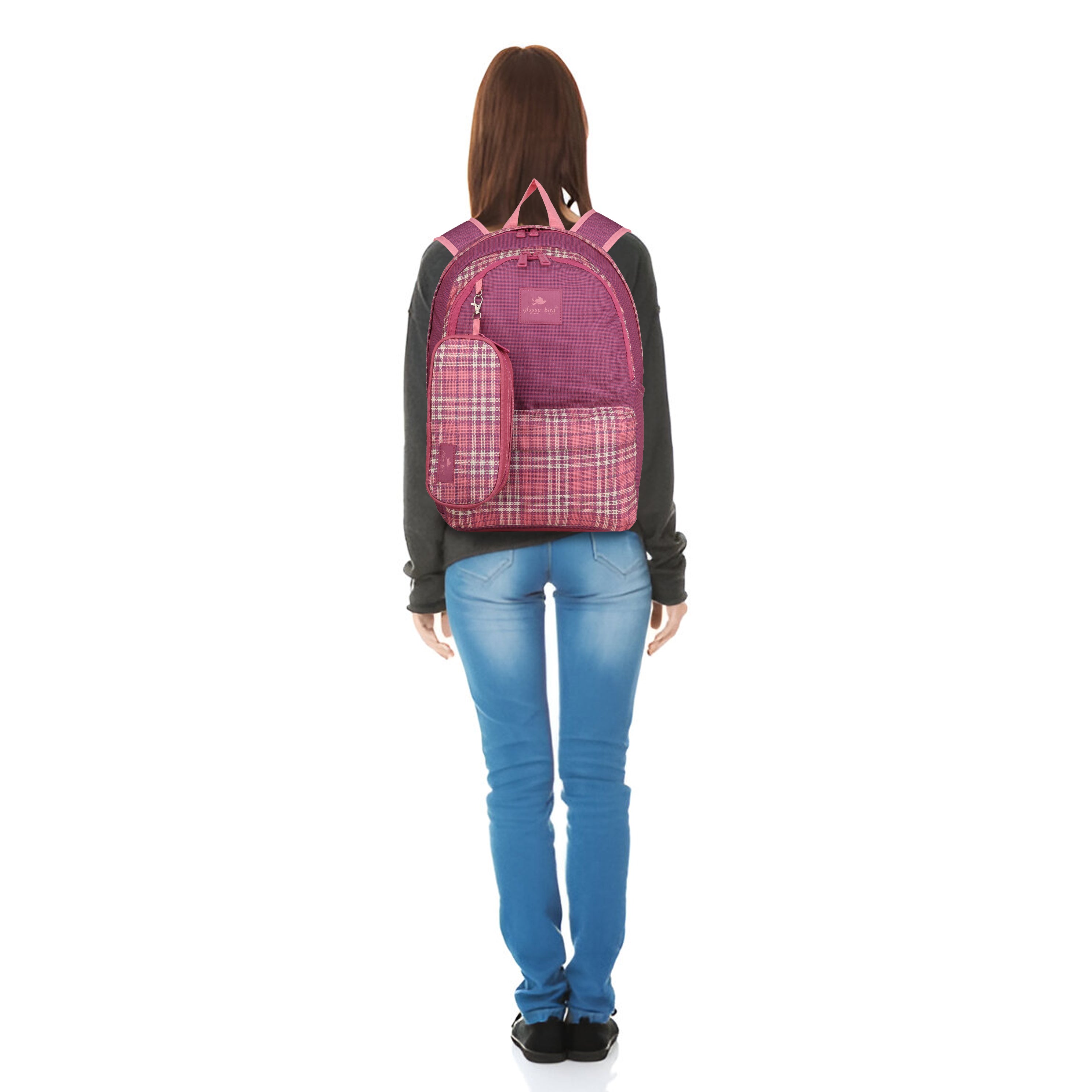 Echo Boomers Glossy Bird 21L Unisex Backpack with Pouch – Stylish Check Design, 3 Compartments, Front Pocket, Bottle Holder – Water-Resistant School, Travel, Office Bag (Yellow