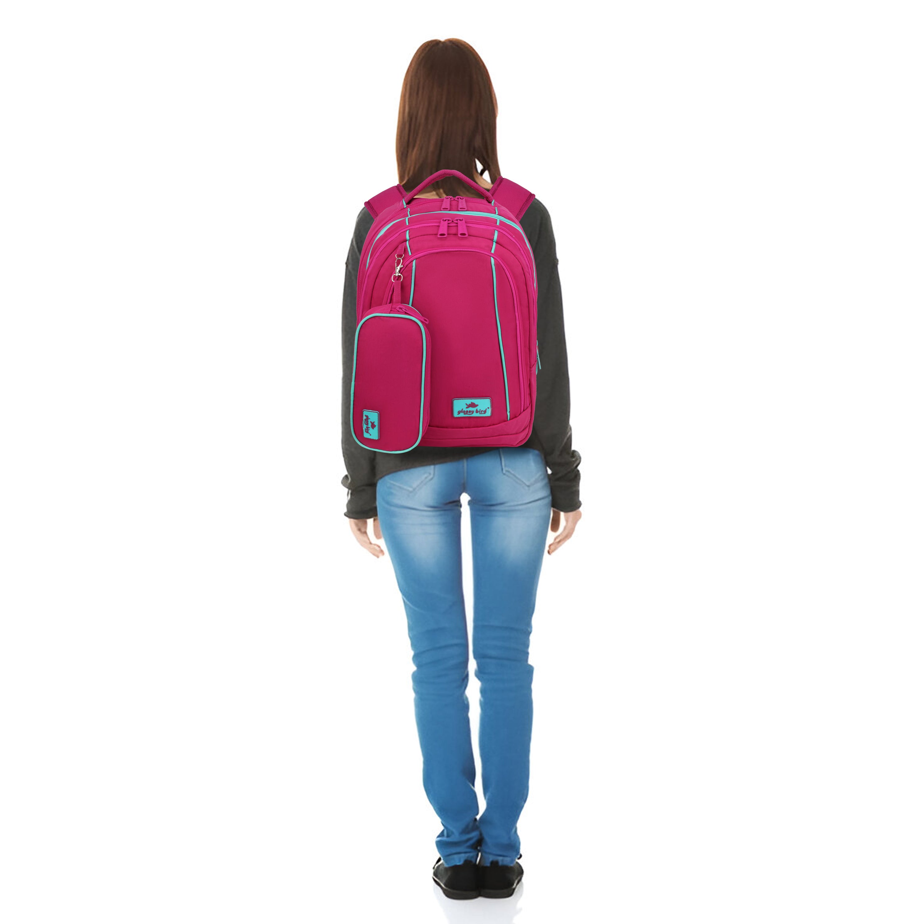 Echo Boomers Glossy Bird Backpack (PINK) – Water-Resistant Unisex Bag with 4 Compartments, Detachable Pouch, Bottle Holder & Padded Straps – School, College, Work & Travel Bag