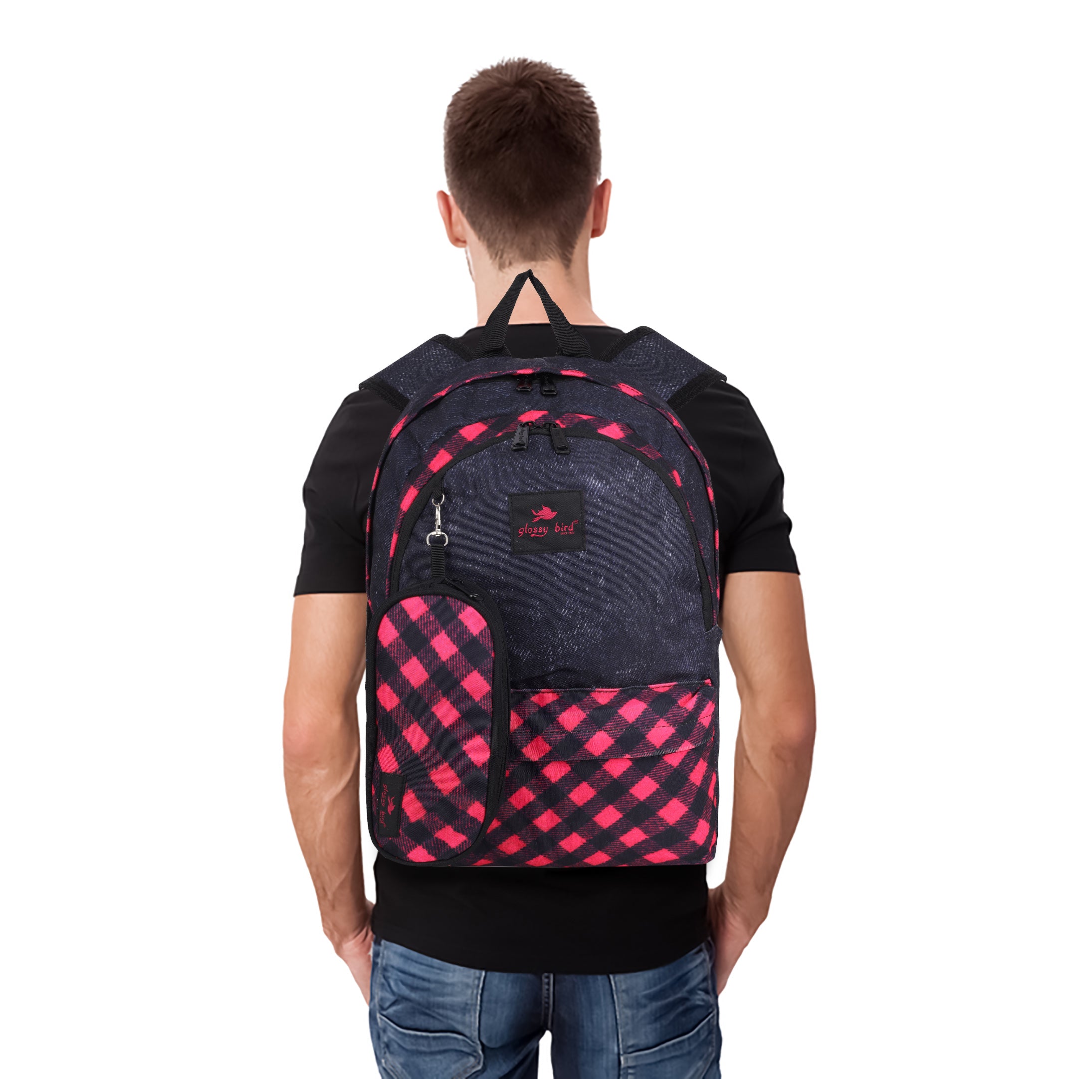 Echo Boomers Glossy Bird 21L Unisex Backpack with Pouch – Stylish Check Design, 3 Compartments, Front Pocket, Bottle Holder – Water-Resistant School, Travel, Office Bag (Yellow