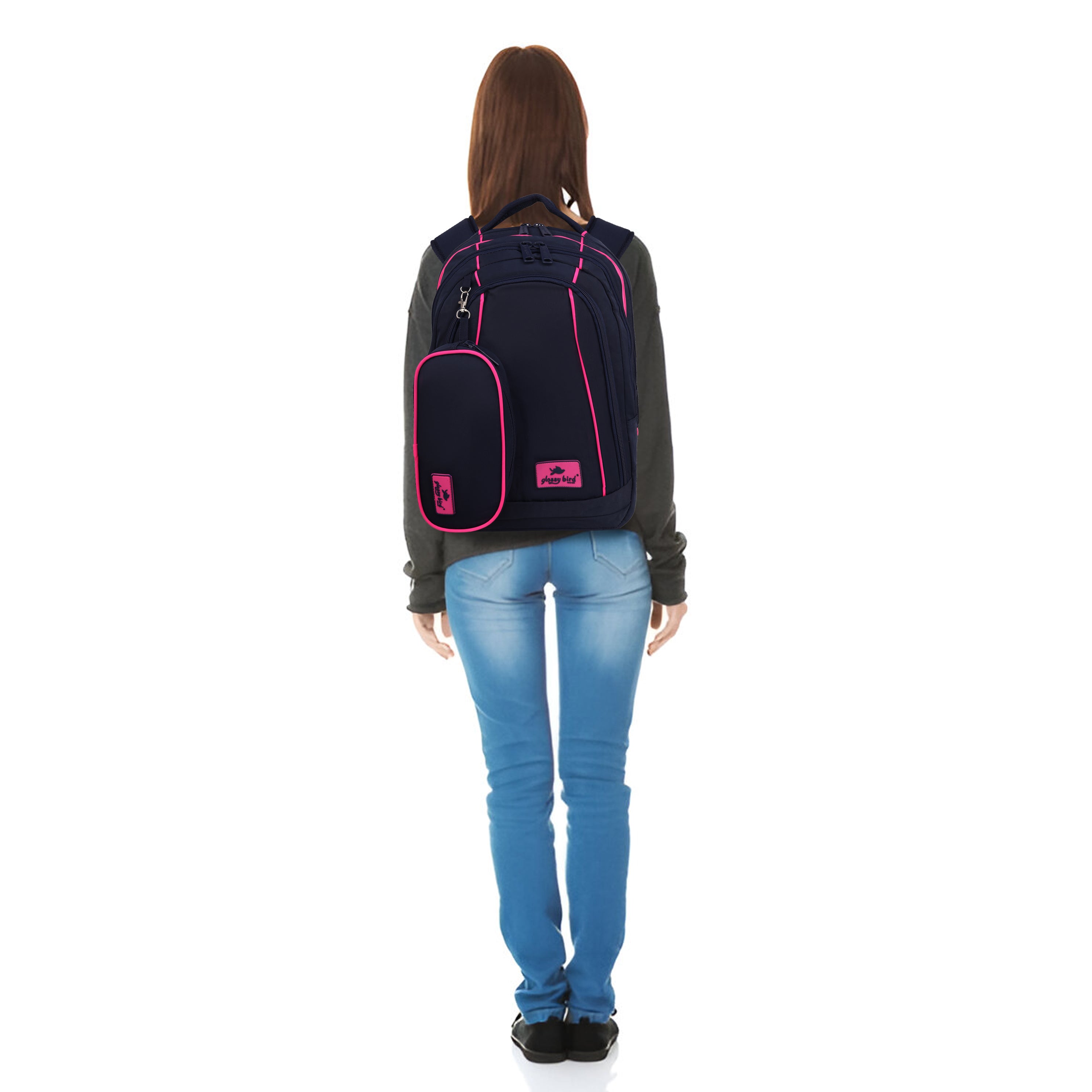 Echo Boomers Glossy Bird Backpack (PINK) – Water-Resistant Unisex Bag with 4 Compartments, Detachable Pouch, Bottle Holder & Padded Straps – School, College, Work & Travel Bag