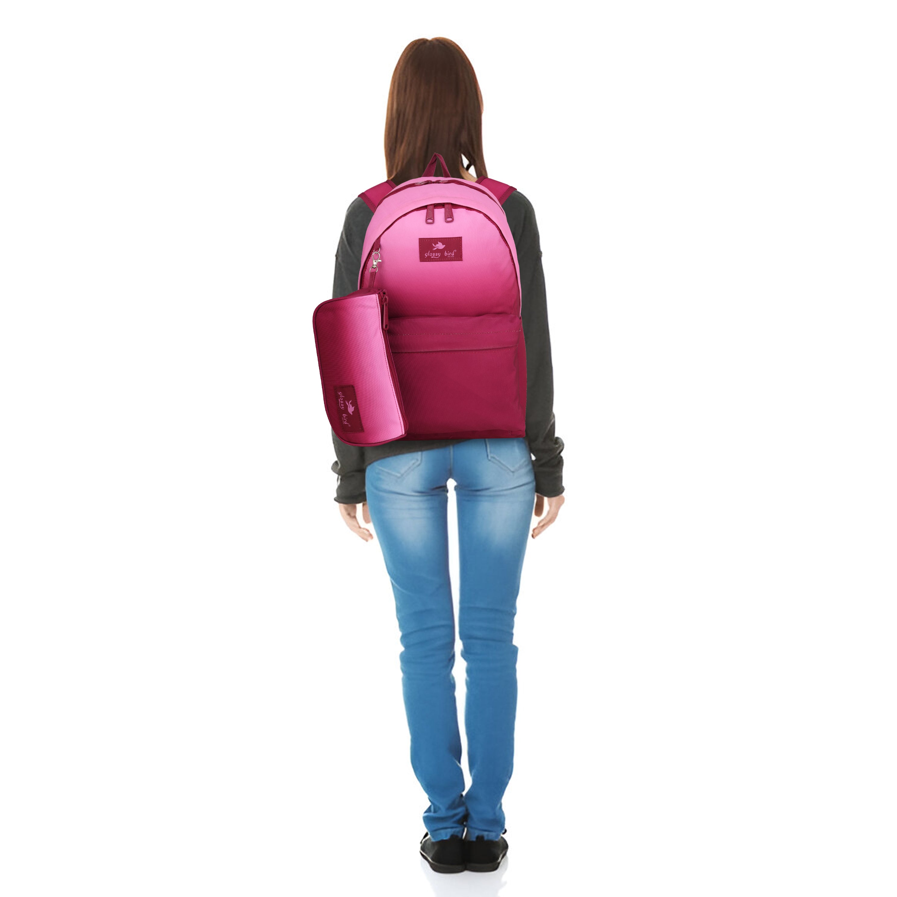 Echo Boomers Glossy Bird Backpack with Pouch – Casual Backpack with Compartments, Front Pocket, Bottle Holder – Ideal for School, College, Travel – Boys, Girls, Men, Women (Pink)