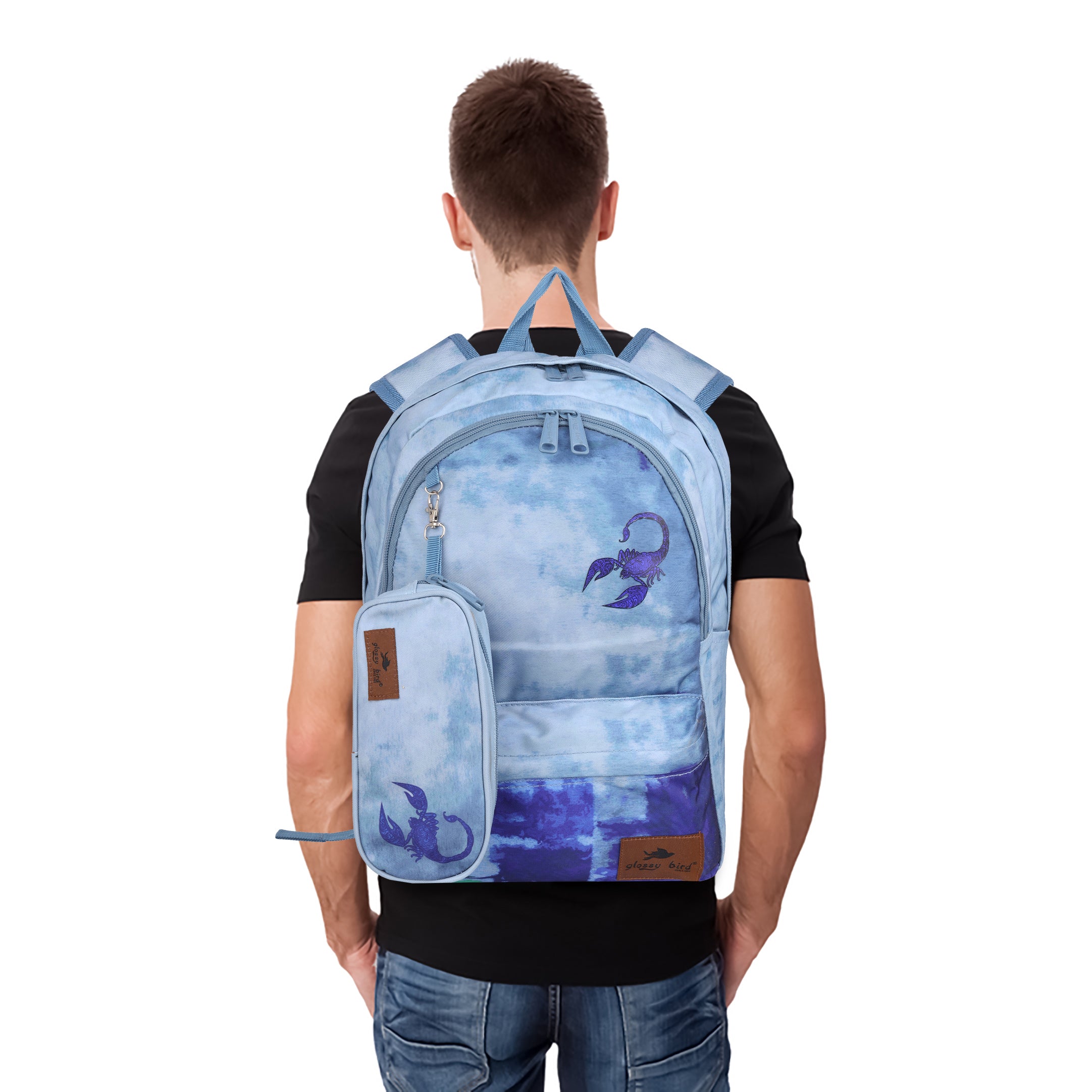 Echo Boomers Glossy Bird Backpack – Water-Resistant Stylish Bag with 3 Compartments, Bottle Holder, Detachable Pouch & Padded Straps – School & Travel Bag (AQUA)
