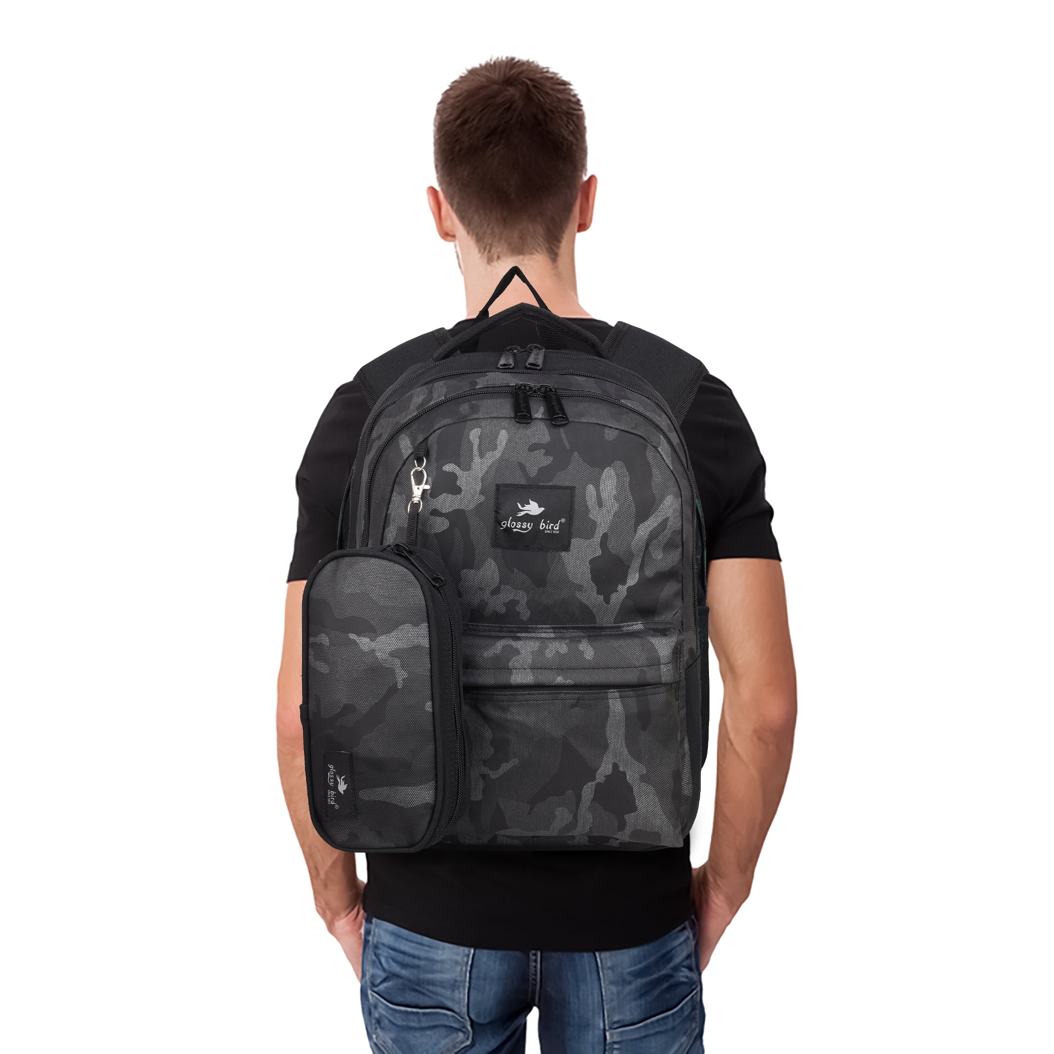 Echo Boomers Glossy Bird Backpack – Water-Resistant Unisex Bag with 4 Compartments, Bottle Holder, Detachable Pouch & Padded Straps – Travel & School Backpack (SKY)