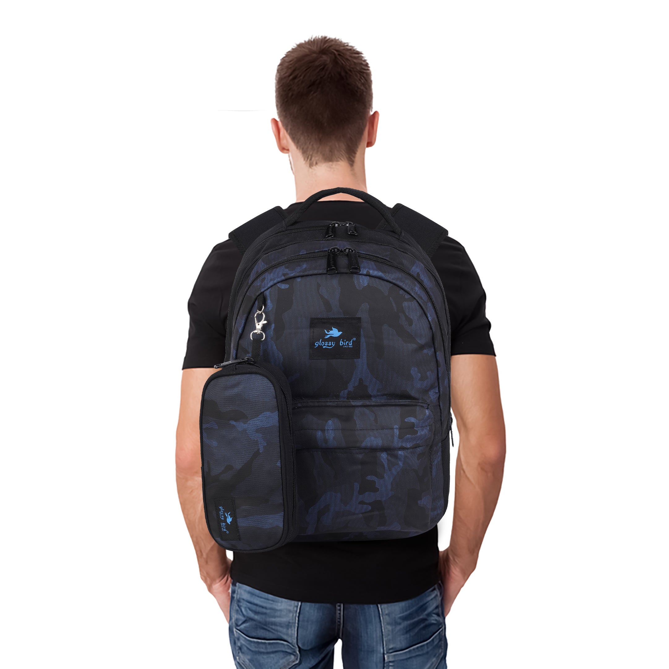 Echo Boomers Glossy Bird Backpack – Water-Resistant Unisex Bag with 4 Compartments, Bottle Holder, Detachable Pouch & Padded Straps – Travel & School Backpack (SKY)