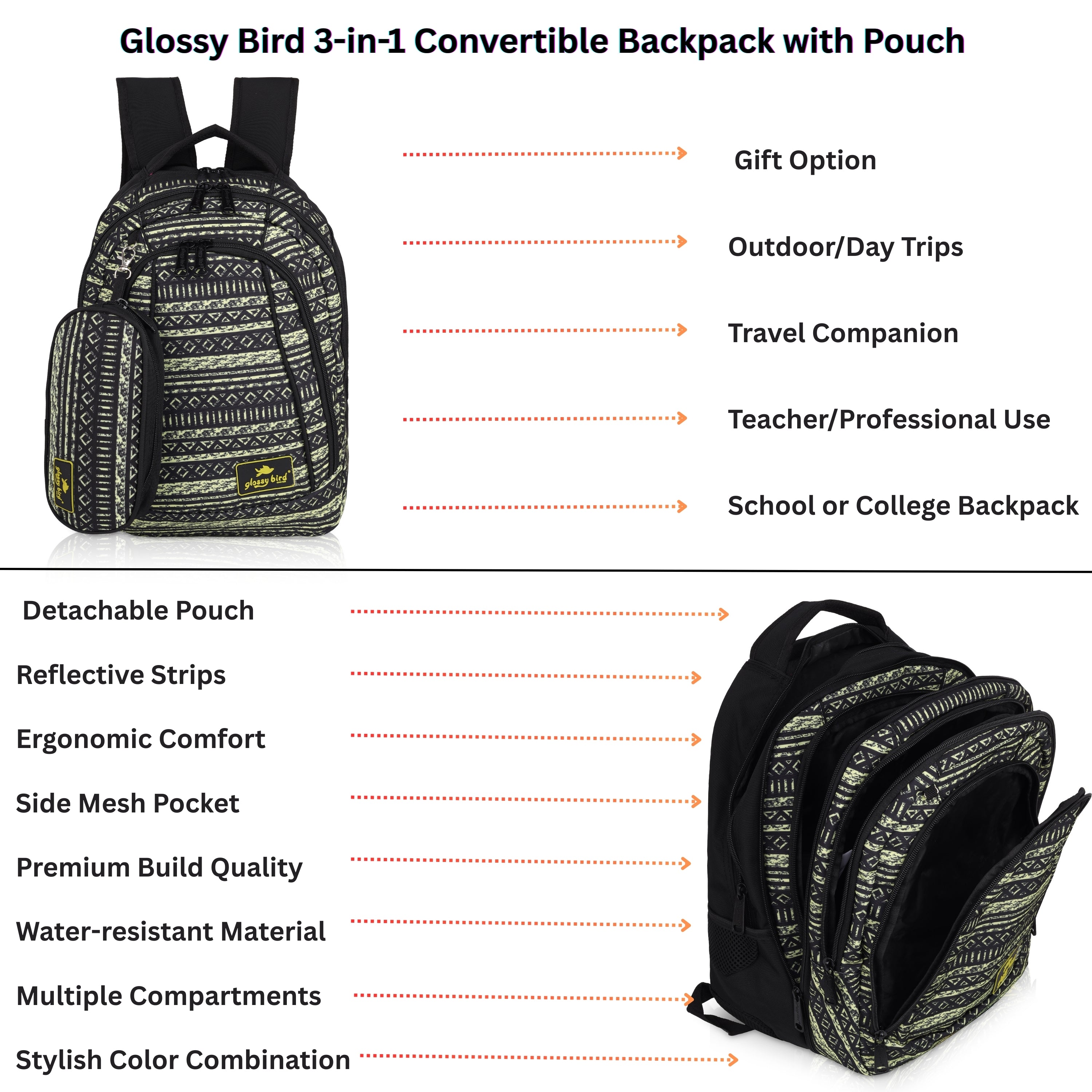 Echo Boomers Glossy Bird Unisex Backpack for School, Office & Travel – Water-Resistant, Lightweight Bag with 4 Compartments, Bottle Holder, Detachable Pouch & Ergonomic Straps (Purple)
