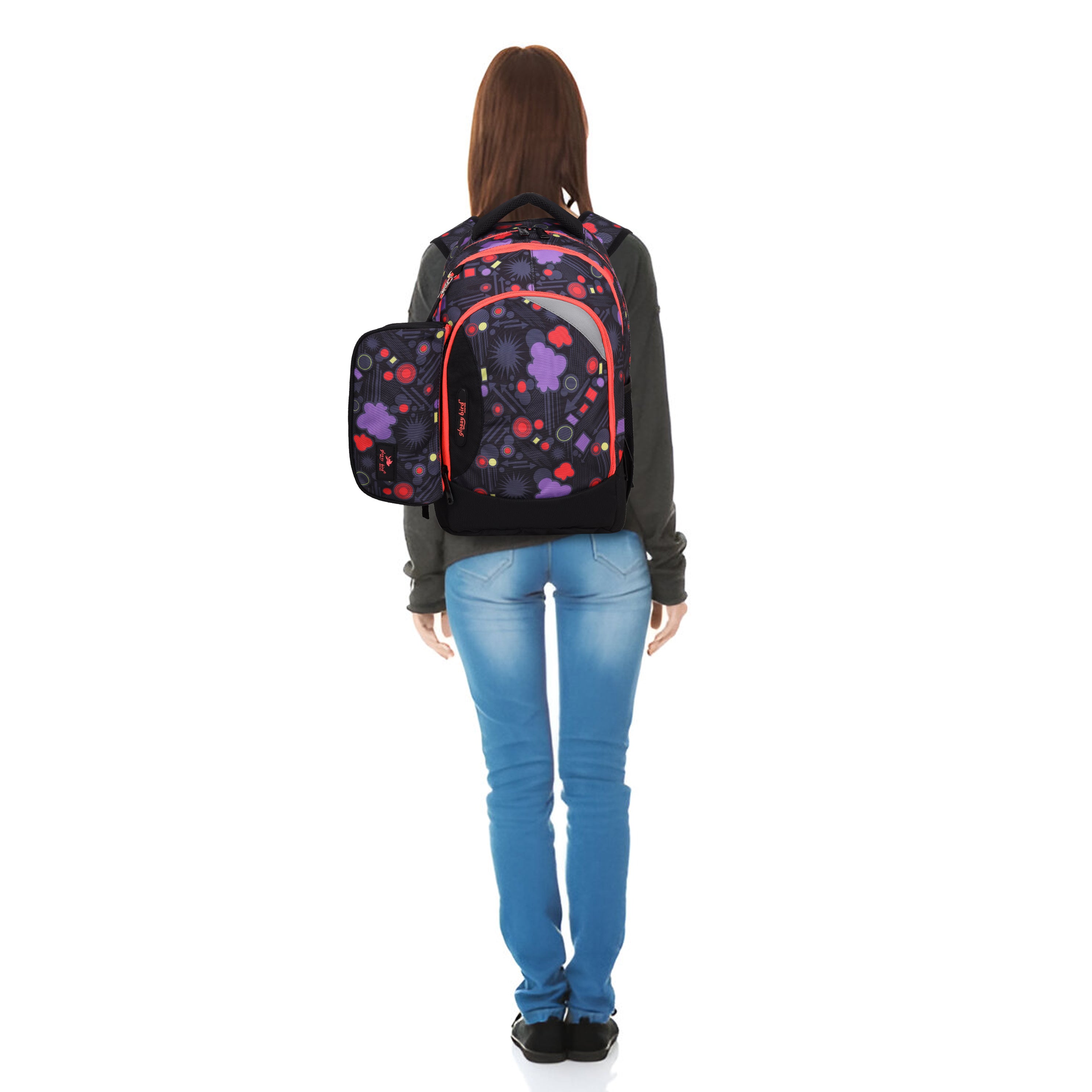 Echo Boomers Glossy Bird Backpack (BLACK) – Lightweight Water-Resistant School Bag for Girls & Boys with Detachable Pouch & Bottle Holder – Stylish Multi-Pocket Travel Backpack
