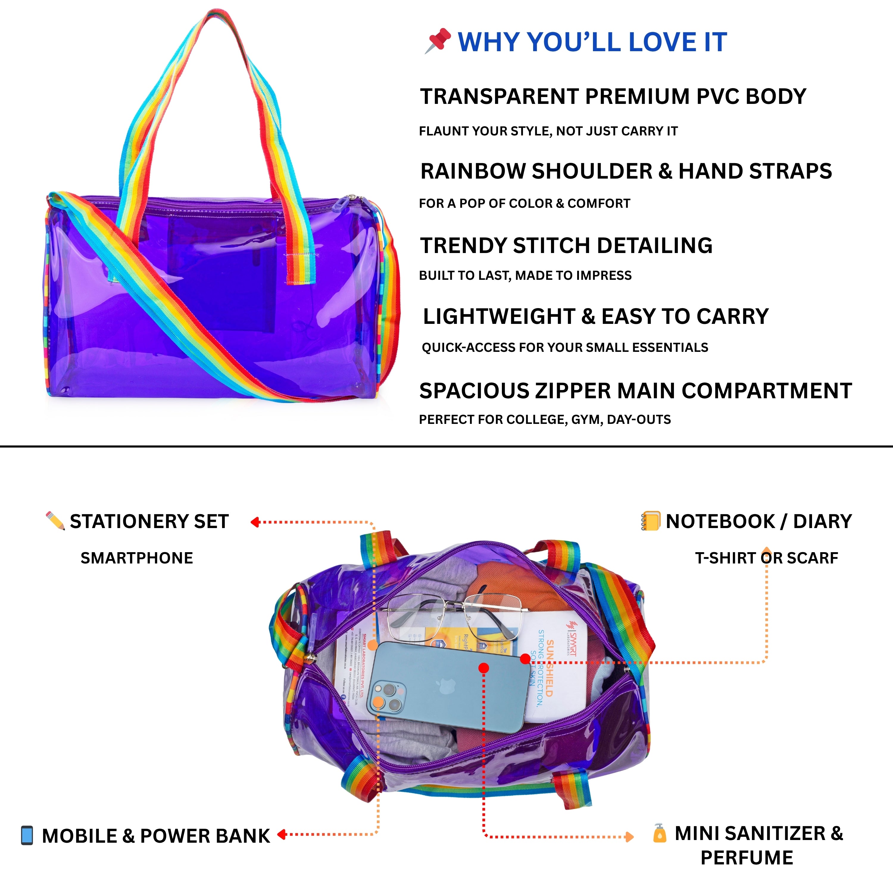 Echo Boomers See-Through Jelly Duffle –  Transparent Bag with Rainbow Handles | Trendy Handbag for School, Gym, Travel, Beach