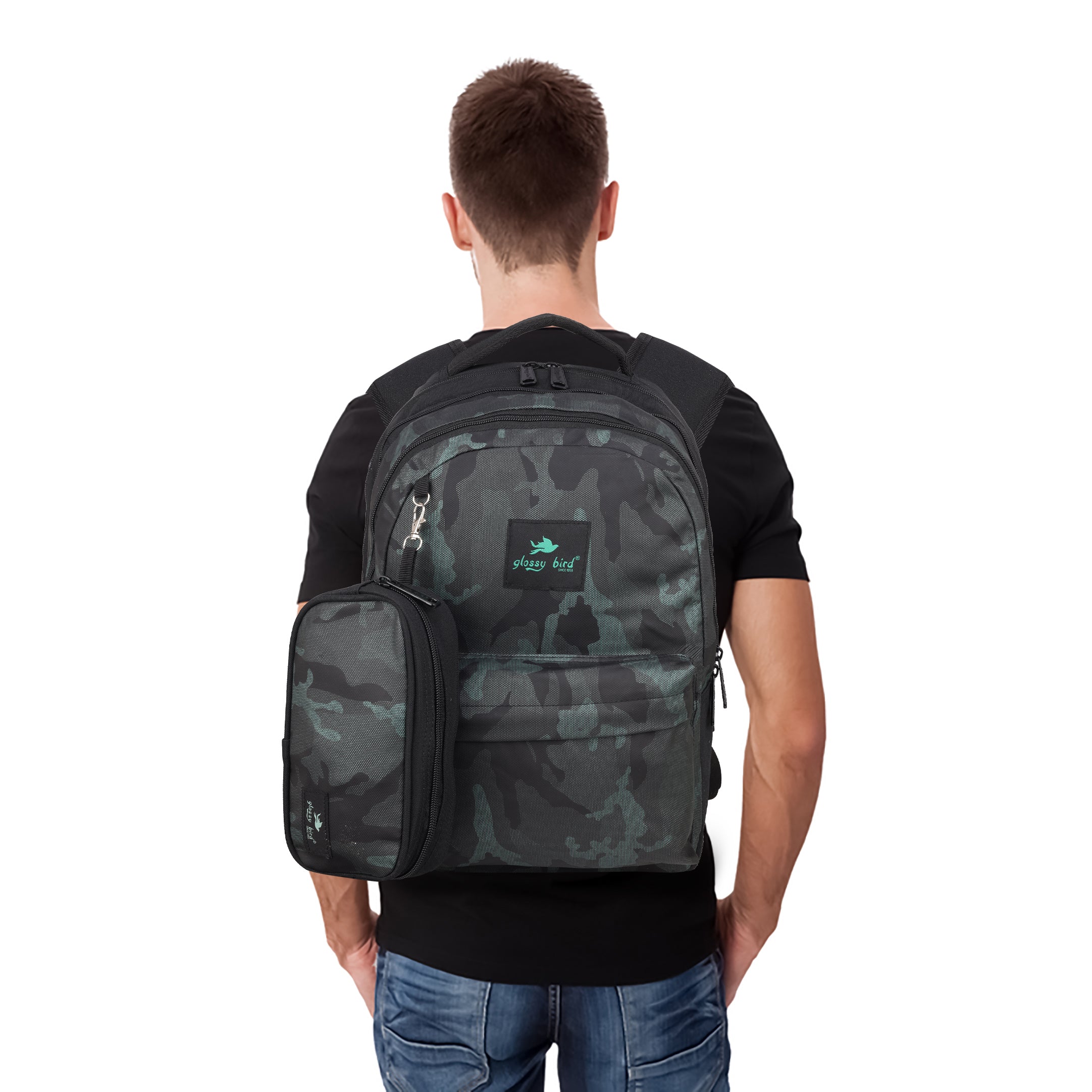 Echo Boomers Glossy Bird Backpack – Water-Resistant Unisex Bag with 4 Compartments, Bottle Holder, Detachable Pouch & Padded Straps – Travel & School Backpack (SKY)