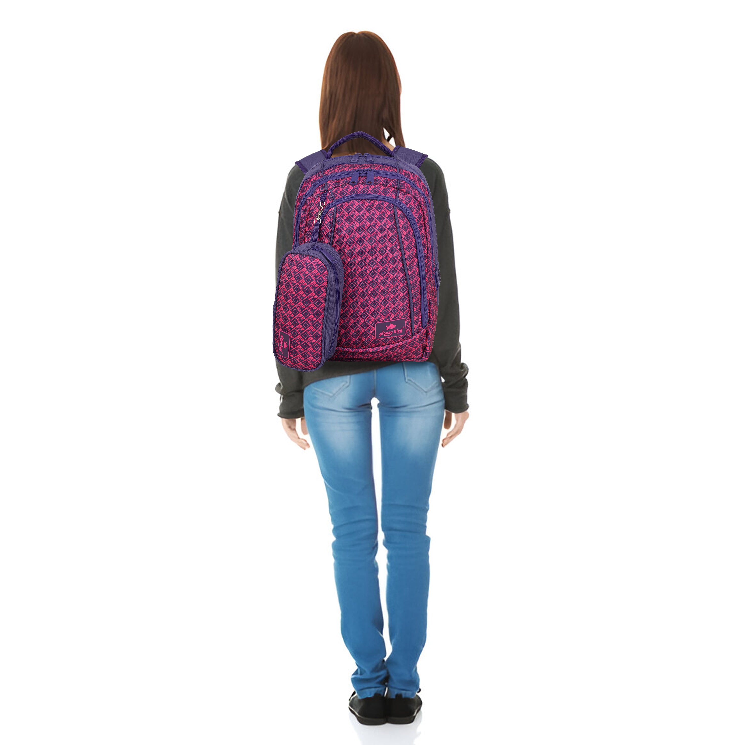 Echo Boomers Glossy Bird Unisex Backpack for School, Office & Travel – Water-Resistant, Lightweight Bag with 4 Compartments, Bottle Holder, Detachable Pouch & Ergonomic Straps (Purple)