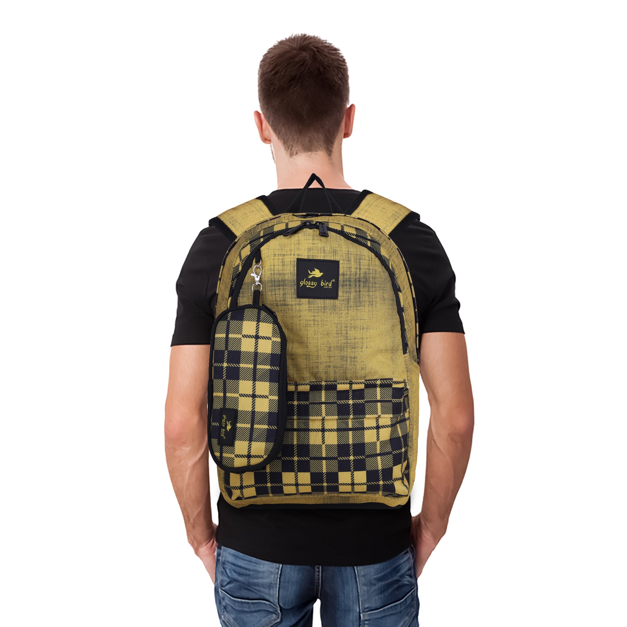Echo Boomers Glossy Bird 21L Unisex Backpack with Pouch – Stylish Check Design, 3 Compartments, Front Pocket, Bottle Holder – Water-Resistant School, Travel, Office Bag (Yellow